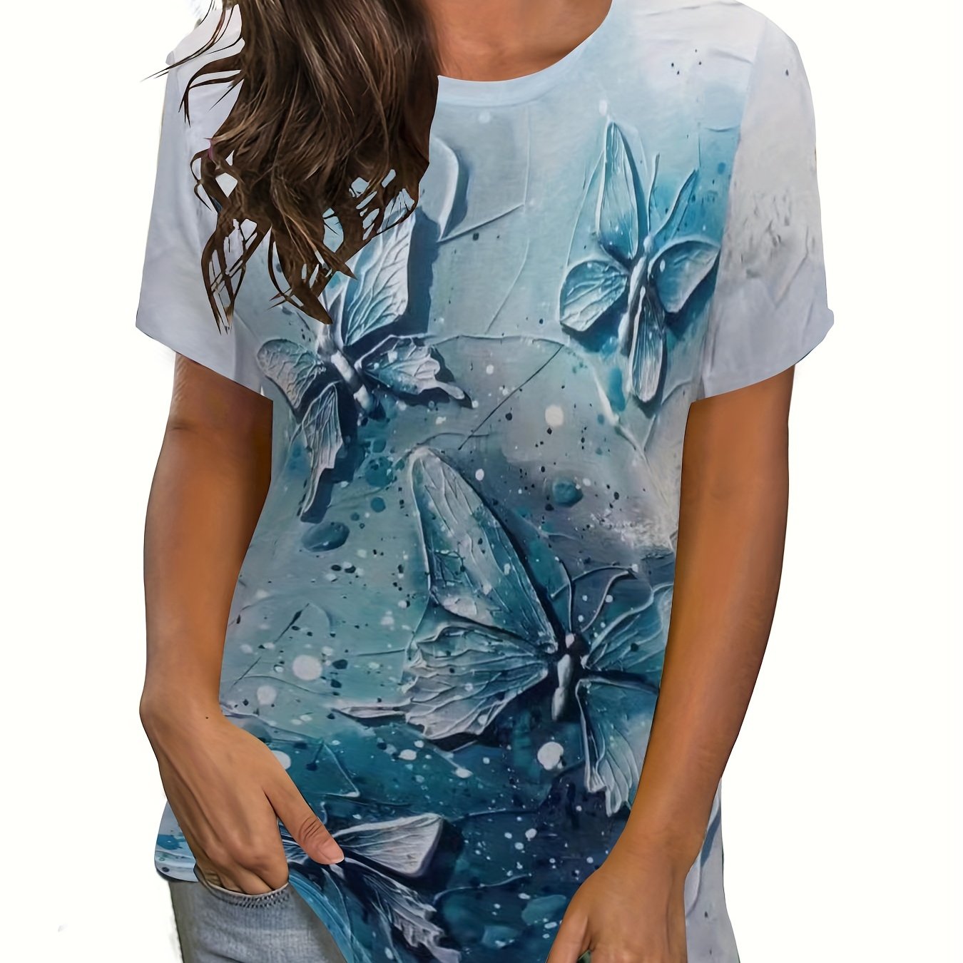 butterfly print crew neck t shirt casual short sleeve t shirt for spring summer womens clothing