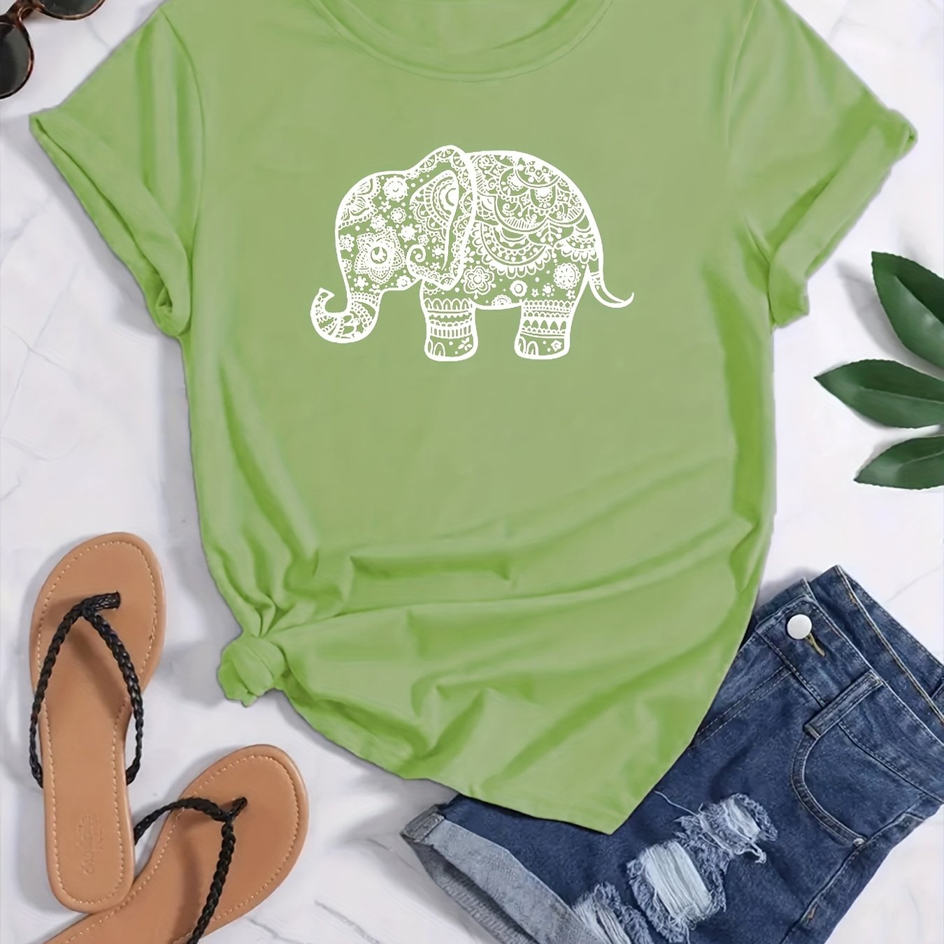 Cartoon Elephant Print T Shirt Short Sleeve Crew Neck Casual Top For floral-print-crew-neck-dress-casual-half-sleeve-dress-for-spring-summer