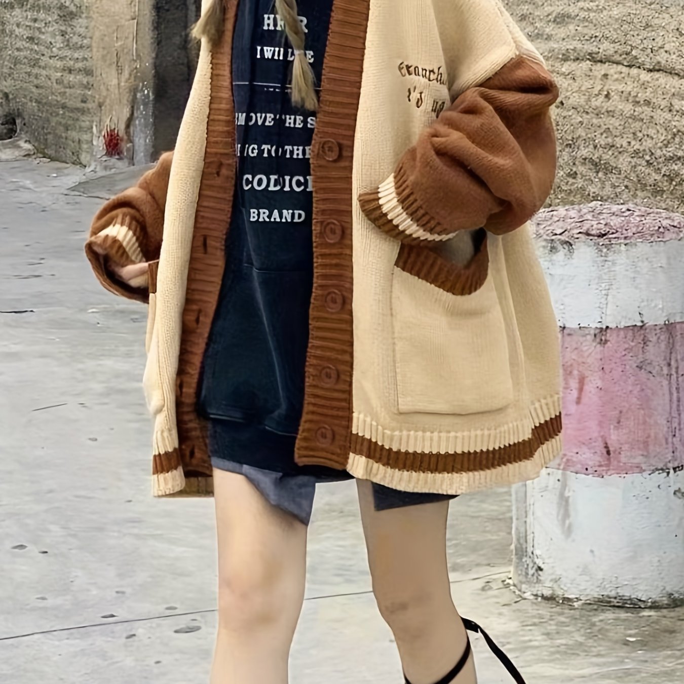 TEMU Embroidered Color Block Drop Shoulder Cardigan, Preppy Long Sleeve Cardigan For Fall & Winter, Women's Clothing
