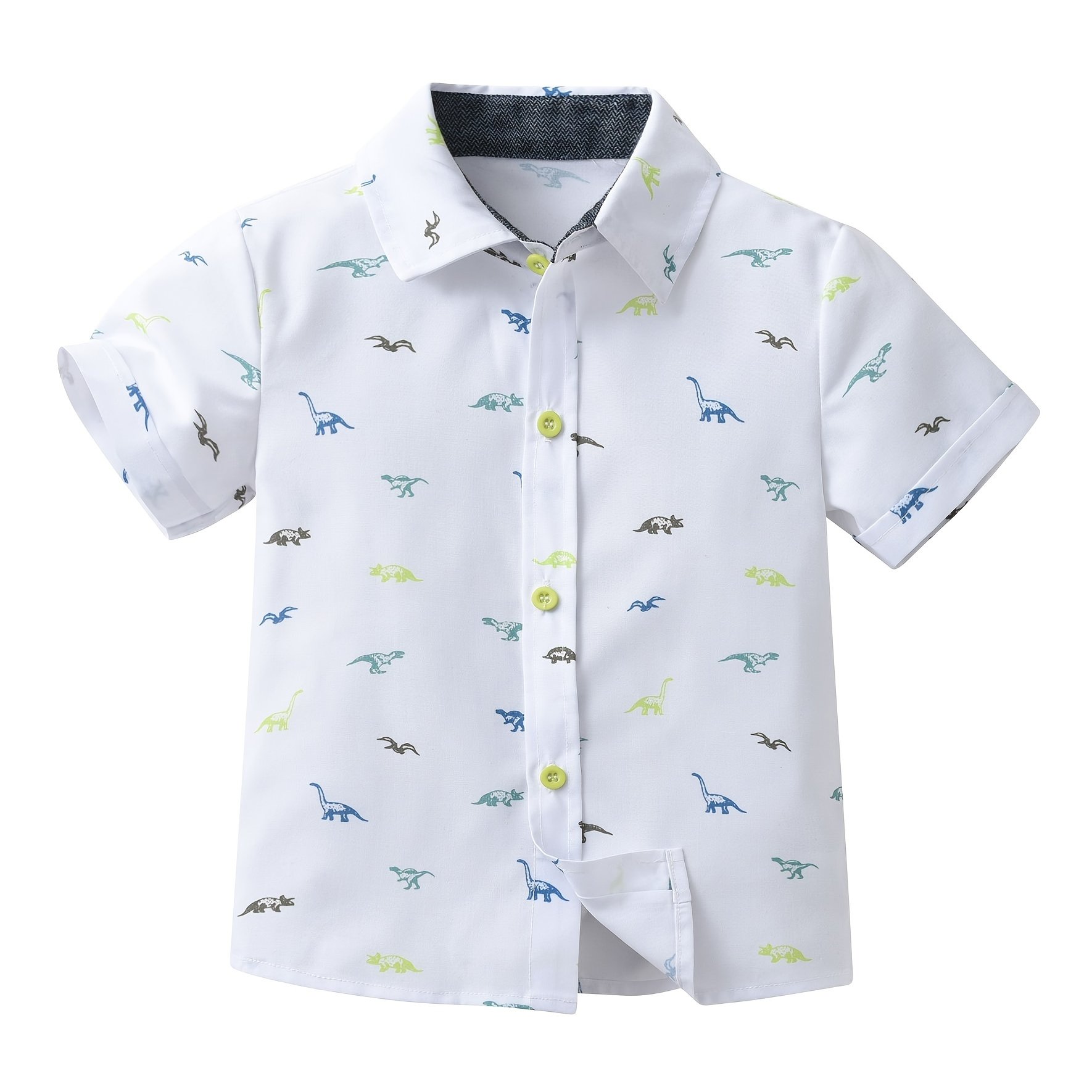 Image of Boys' Spring Summer Short Sleeve Shirt, Creative Dinosaur Print Short Sleeve Dress Shirt, Formal Dress Shirt, Casual Party Cardigan, Colorful Print White Shirt