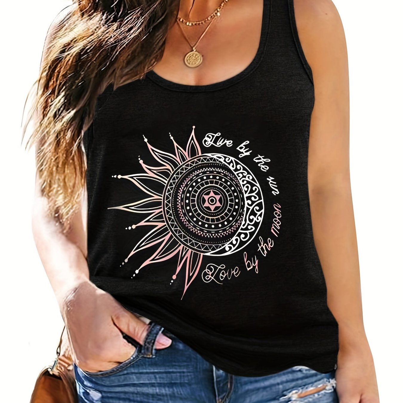 TEMU Women's Plus-size Geometric Pattern Tank Top, Casual Summer Knit Polyester Vest With Medium Stretch, Oversized Pullover , Regular Length For Weekend Casual Wear