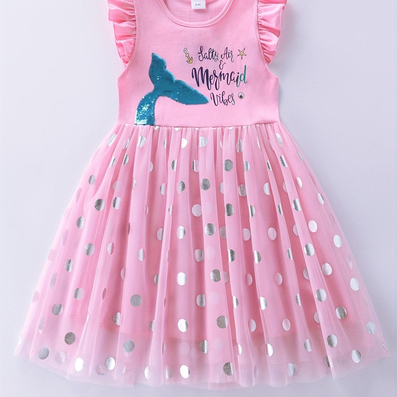 Image of Toddler Girls Ruffle Trim Sequin Mermaid Tail Embroidered Polka Dot Mesh Princess Dress For Party Beach Vacation Kids Summer Clothes