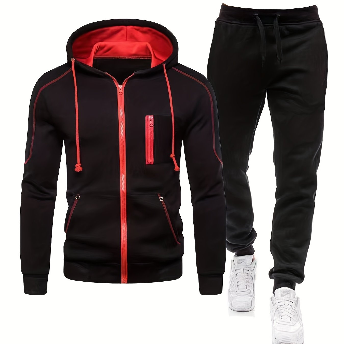 Men's 2pcs Outfits Casual Zip Pocket Zip Up Hooded Jackets And ...