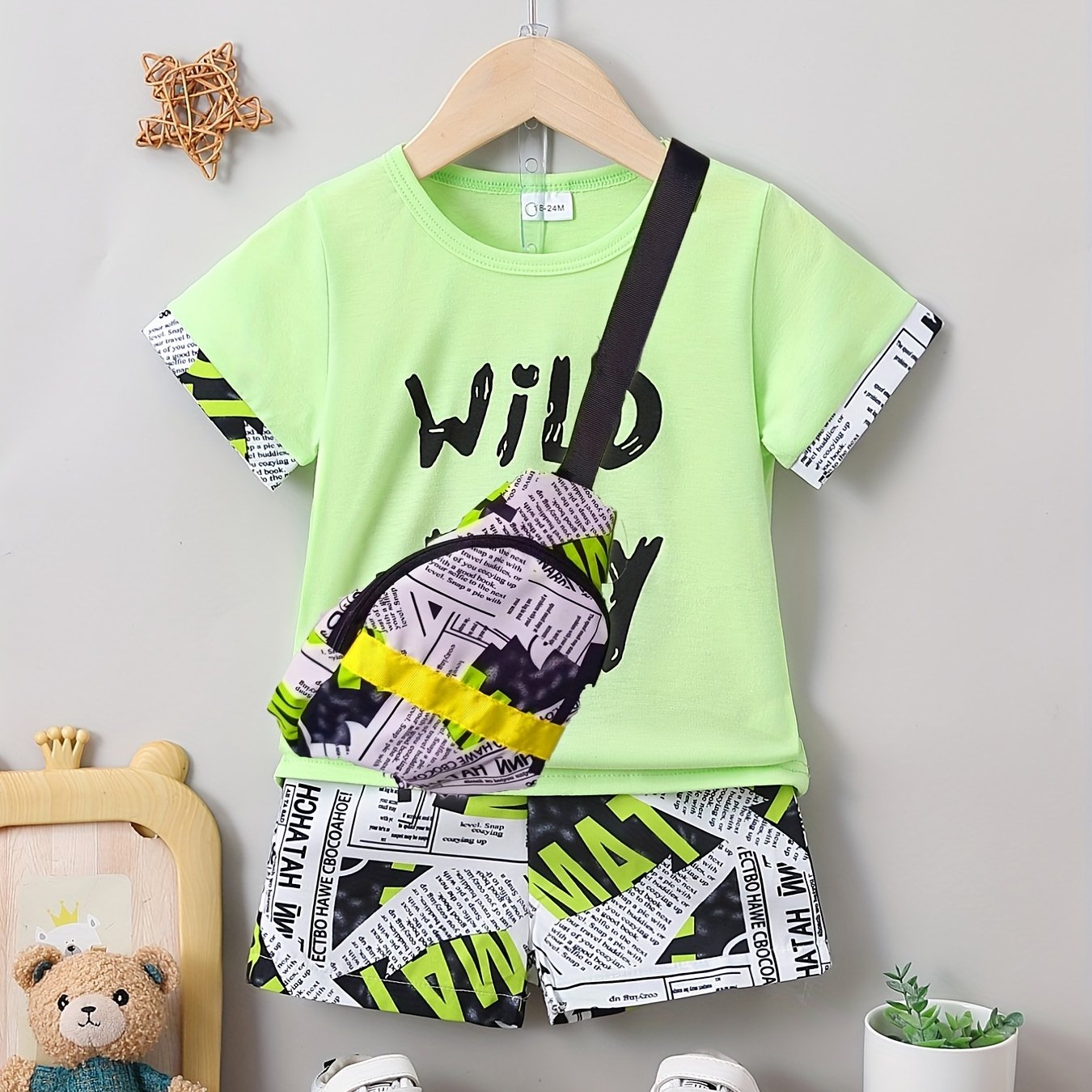 Boys Crossbody Bag Print Casual Outfit Round Neck T-shirt & Shorts