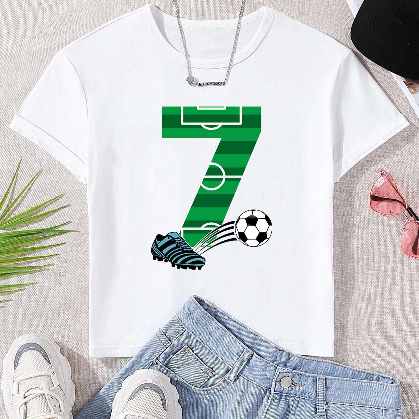 Image of Number And Football Print Boys Creative T-shirt, Casual Lightweight Comfy Short Sleeve Crew Neck Tee Tops, Kids Clothings For Summer
