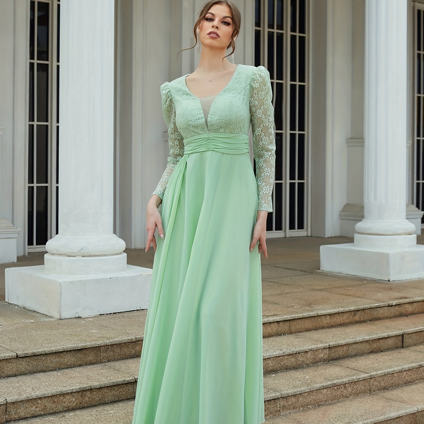 Contrast Lace Solid Dress Elegant Long Sleeve High Waist - Temu