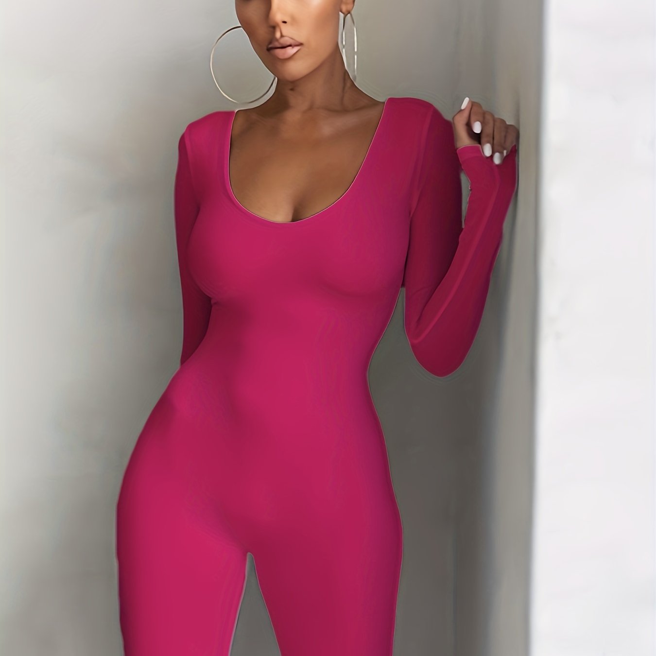 Sunisery Women Ribbed Knitted Bodycon Jumpsuits Solid Color Square Neck  Long Sleeve Exercise Sport Jumpsuit Streetwear Pink L