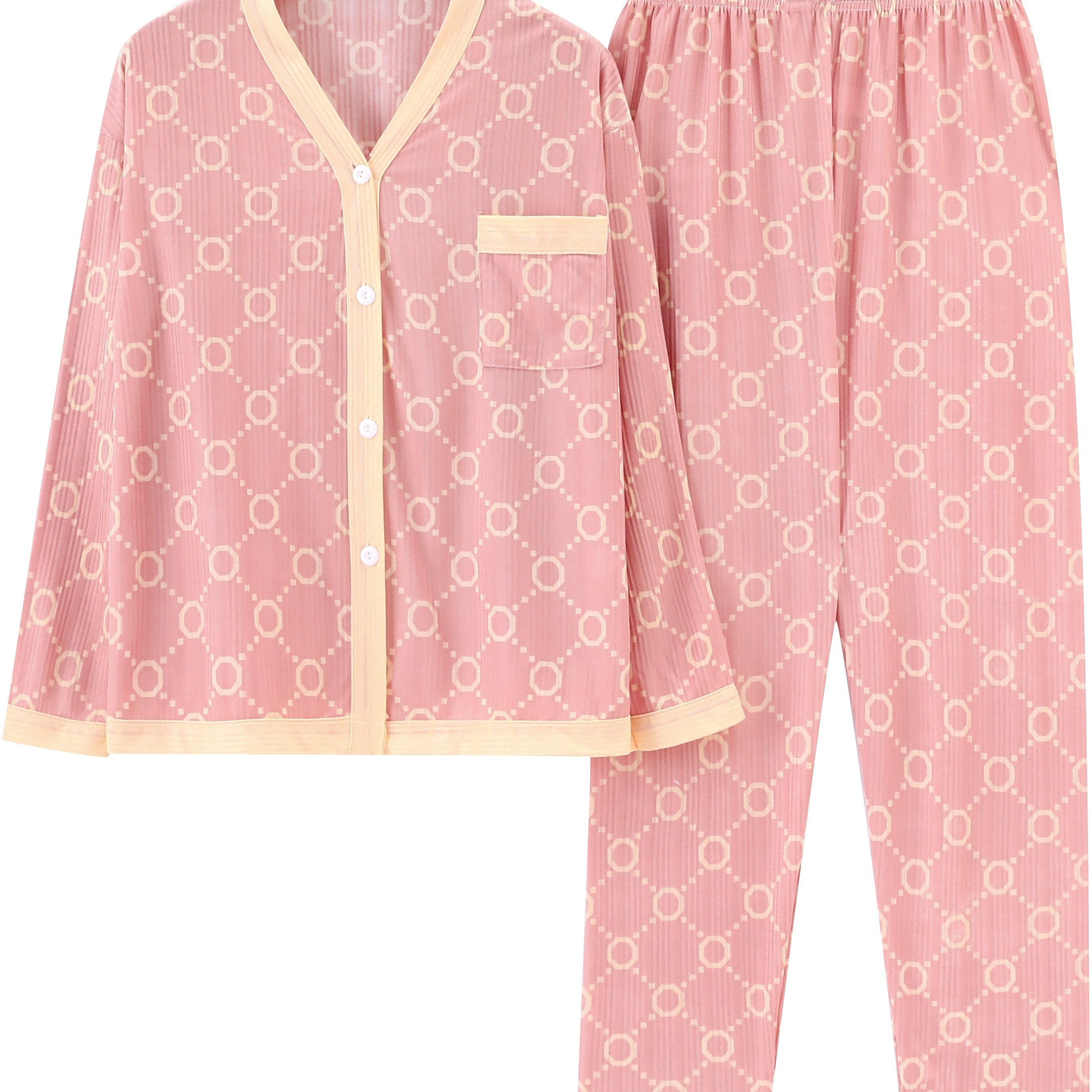 Plus Size Casual Pajama Set, Women's Plus Colorblock Geometric Print Long  Sleeve Button Up Top With Pocket & Pants Pajama Two Piece Set - Temu