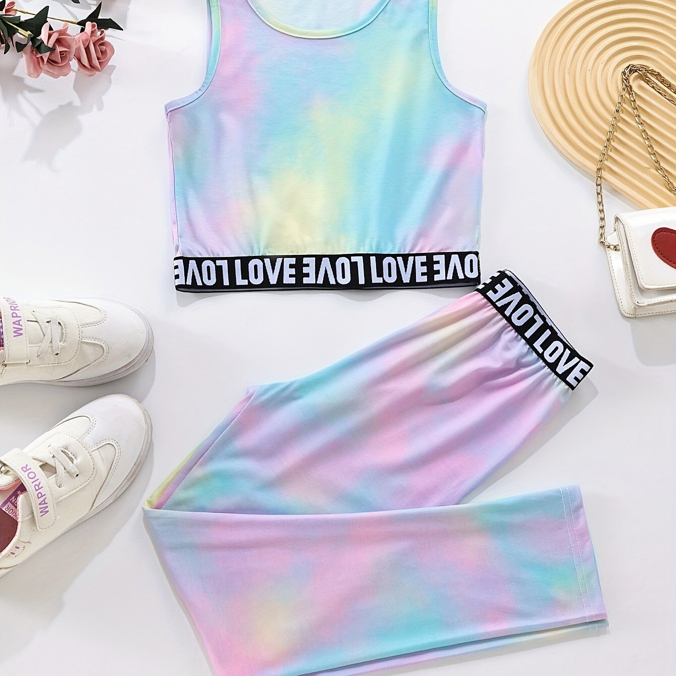 Girls Sports Suit Casual Tie-dyed Print Sleeveless Tank Top & High Waist Workout Pants Outdoor Set, Kids Summer Outdoor Clothes