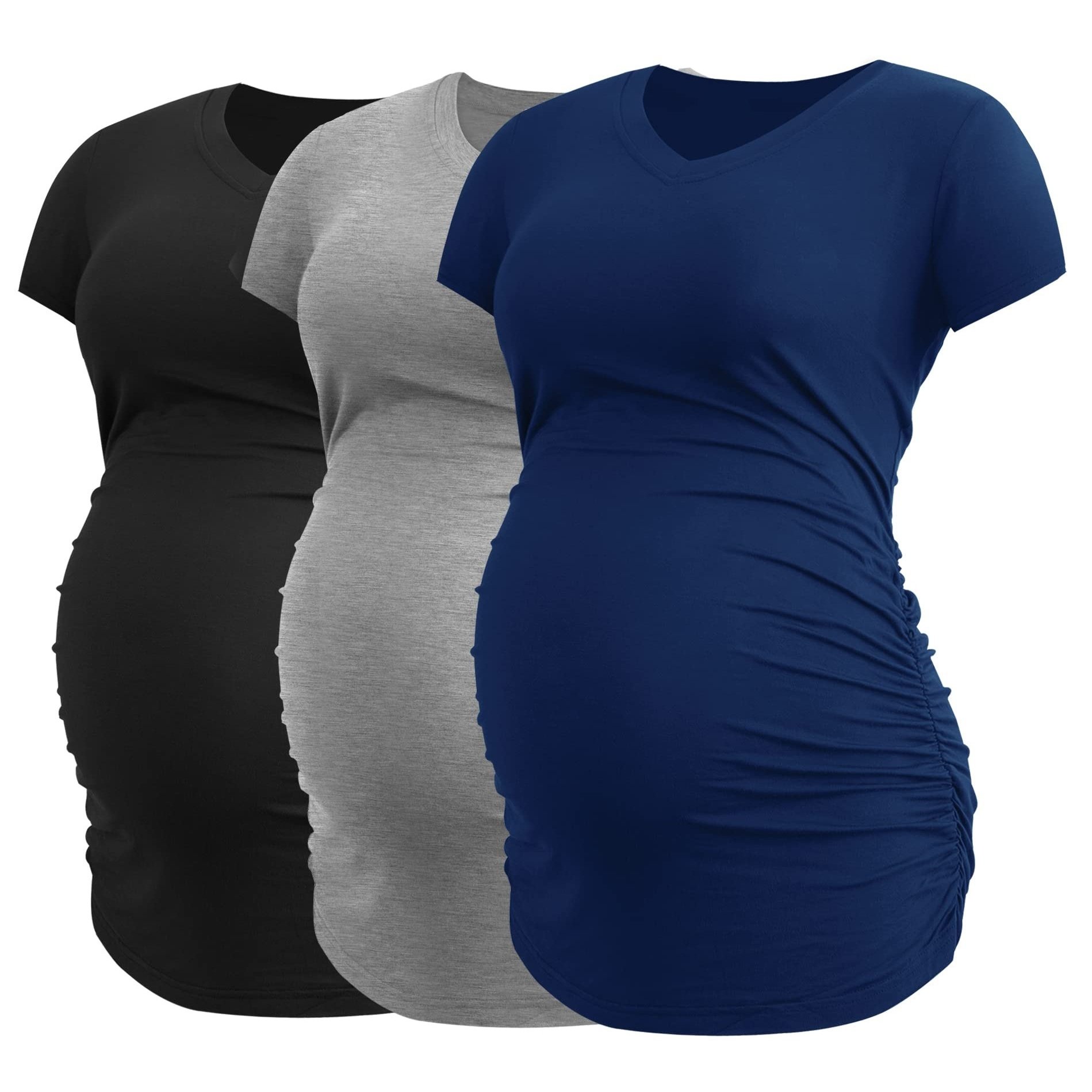 3pcs-women-s-v-neck-striped-maternity-tops-side-ruched-trendy-pregnancy