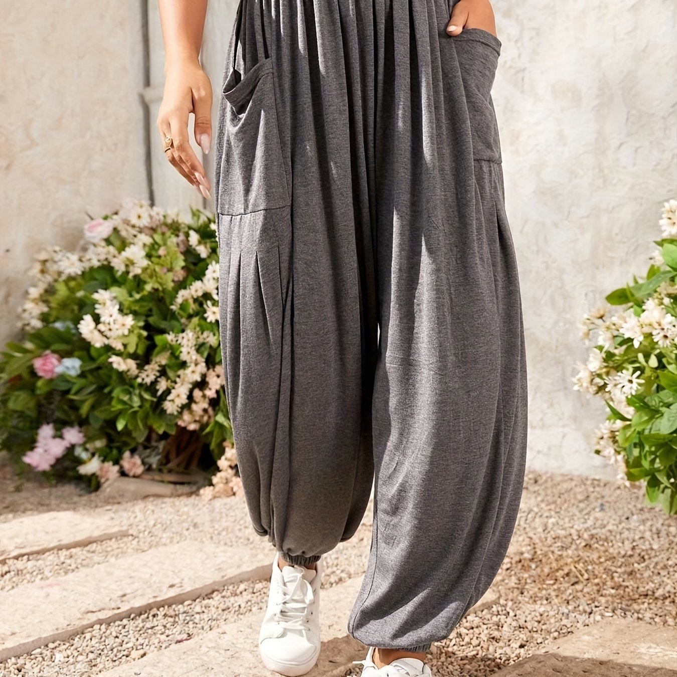 Boho Solid Elastic Waist Harem Pants, Casual Long Length Pants With Pockets  For Spring & Summer, Women's Clothing