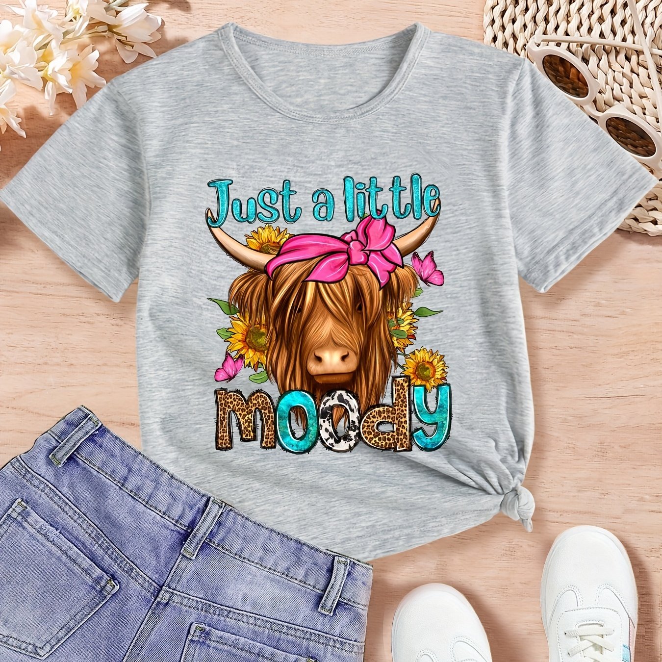 Girls Sunflower And Cow Graphic T-Shirt Cowgirl Party Casual Comfort Fit Crew Neck Summer Tees Top Kids Clothes