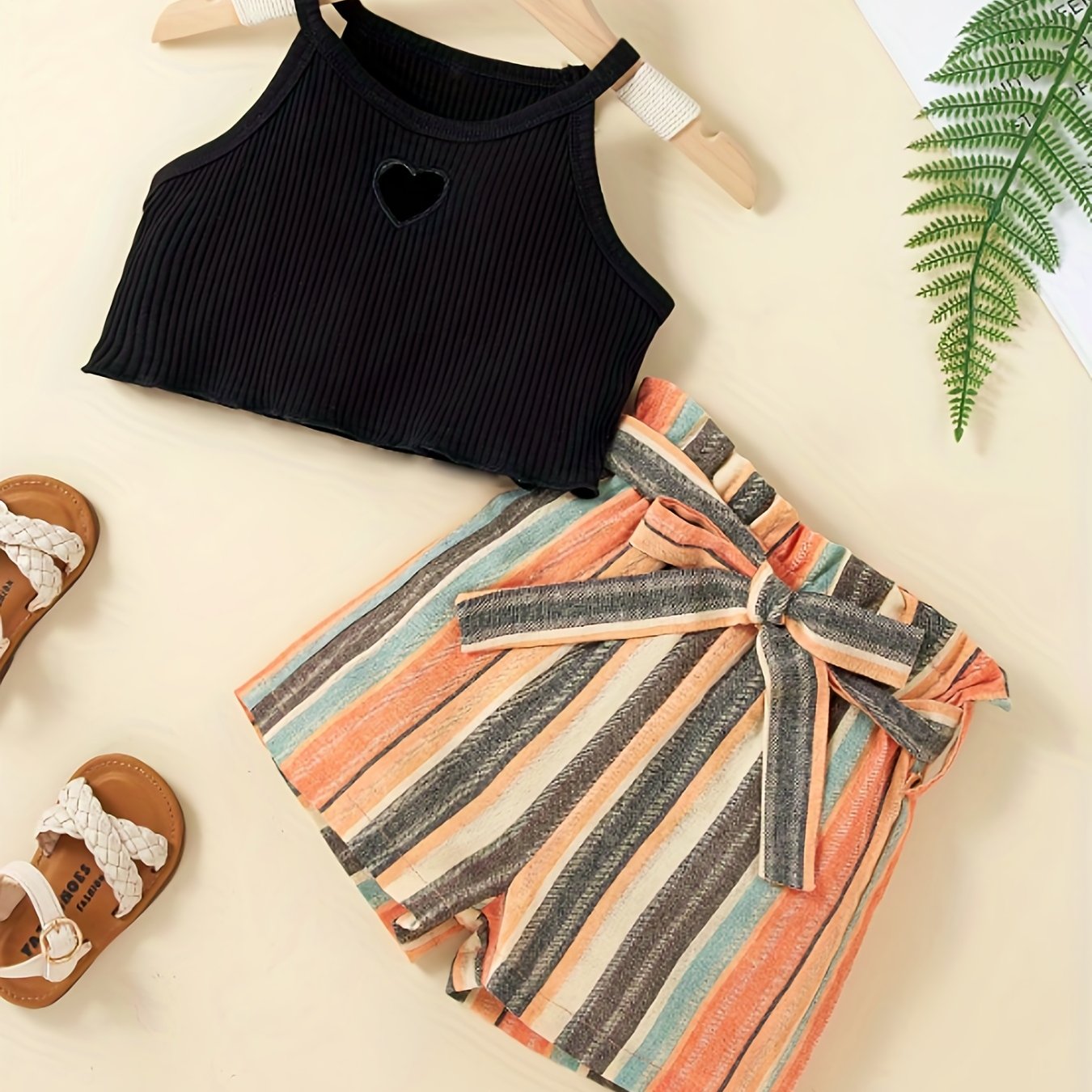 Girls 2 Piece Outfit Clothes Heart Print Rib Halter Crop Top Striped Casual  Shorts With Belt Suit For Party Beach Holiday Vacation Cute Summer Short  Set, Shop Now For Limited-time Deals