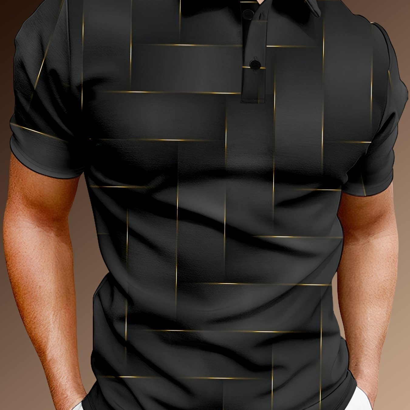 Image of Men's Stylish Black & Golden Geometric Pattern Short Sleeve Shirt - Casual Summer Wear, Regular Fit, Breathable Fabric, Casual Attire, Summer Casual Wear | Geometric Pattern Shirt |