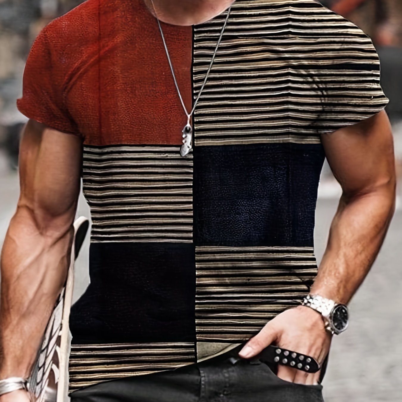 TEMU Haut Créatif À Imprimé Graphique À Carreaux Vintage Pour Hommes, T-shirt Décontracté À Manches Courtes Et À Col Rond, T-shirt Pour Hommes Pour
