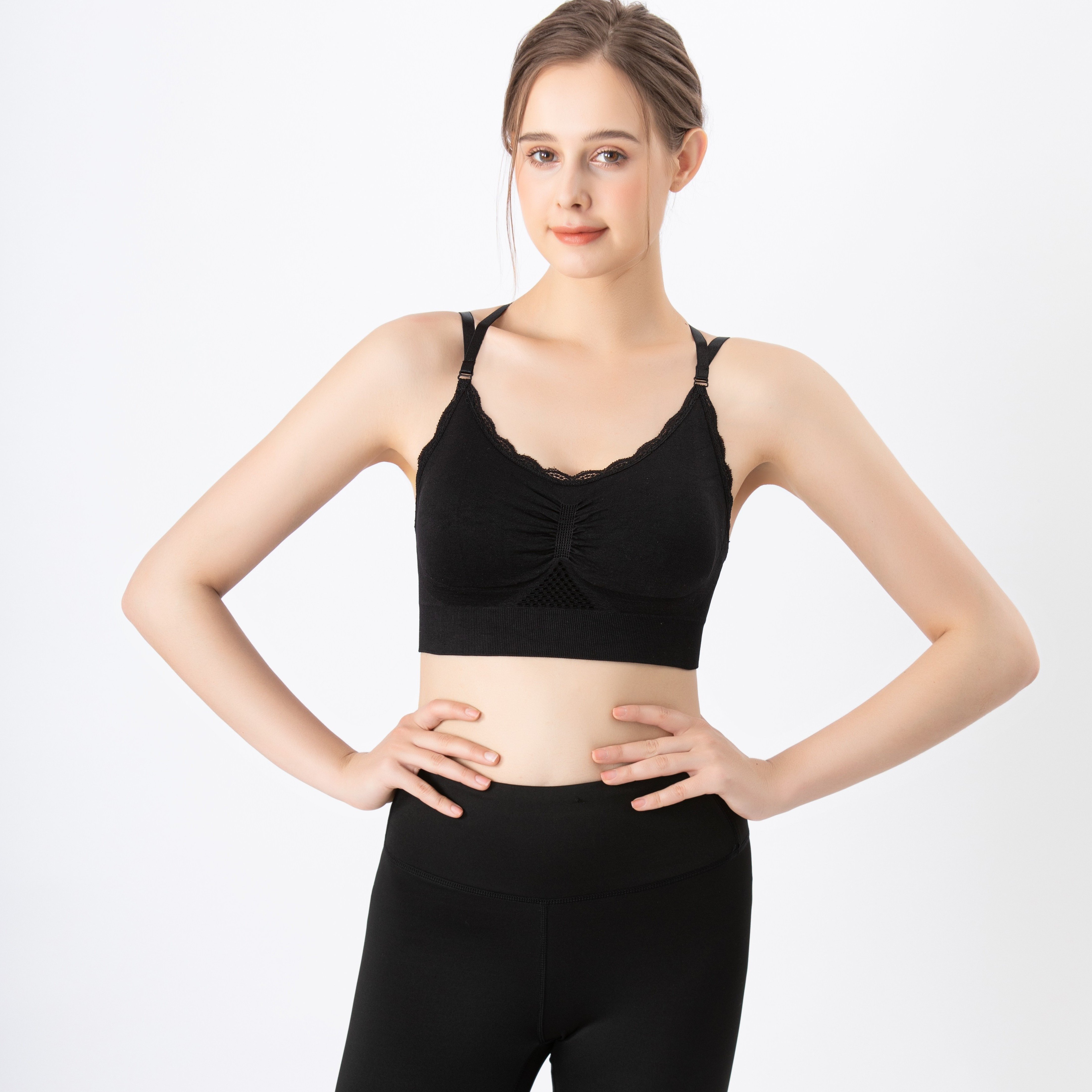 Pleated V neck Sexy Sports Bra Solid Color Medium Support - Temu Canada