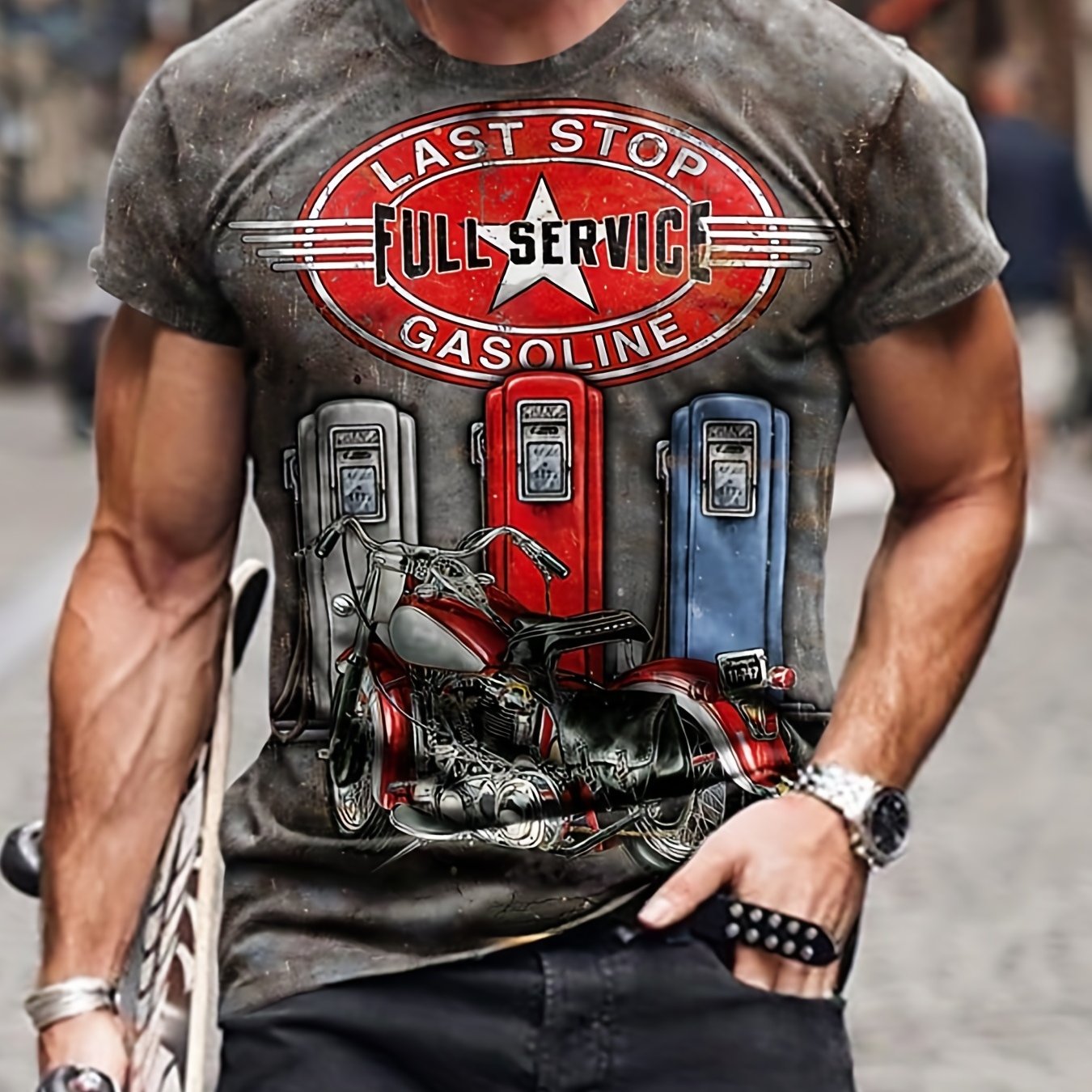 Image of Men's Motorcycle Graphic T-shirt - 3d Printed Gas & Design, Biker Enthusiast Apparel, Neck Short Sleeve Summer Casual Tee