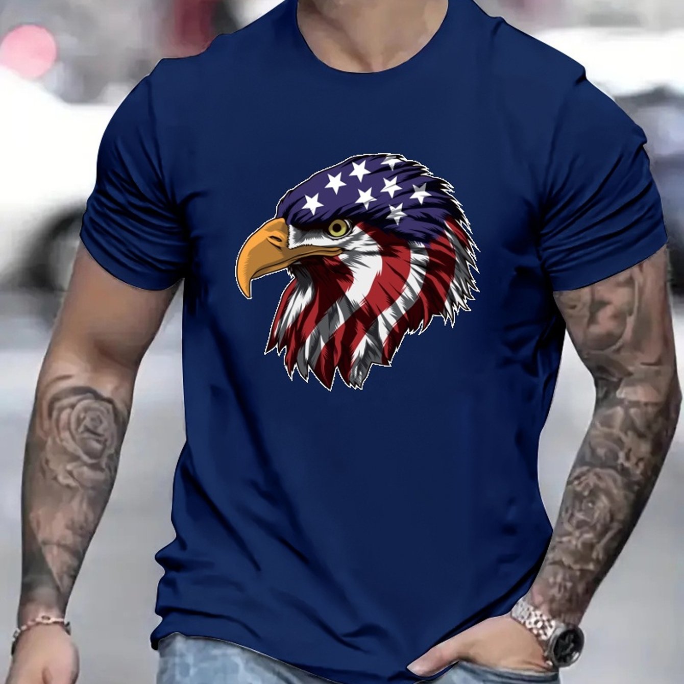 Eagle With American Flag Pattern Print Men's Comfy Medium Stretch T