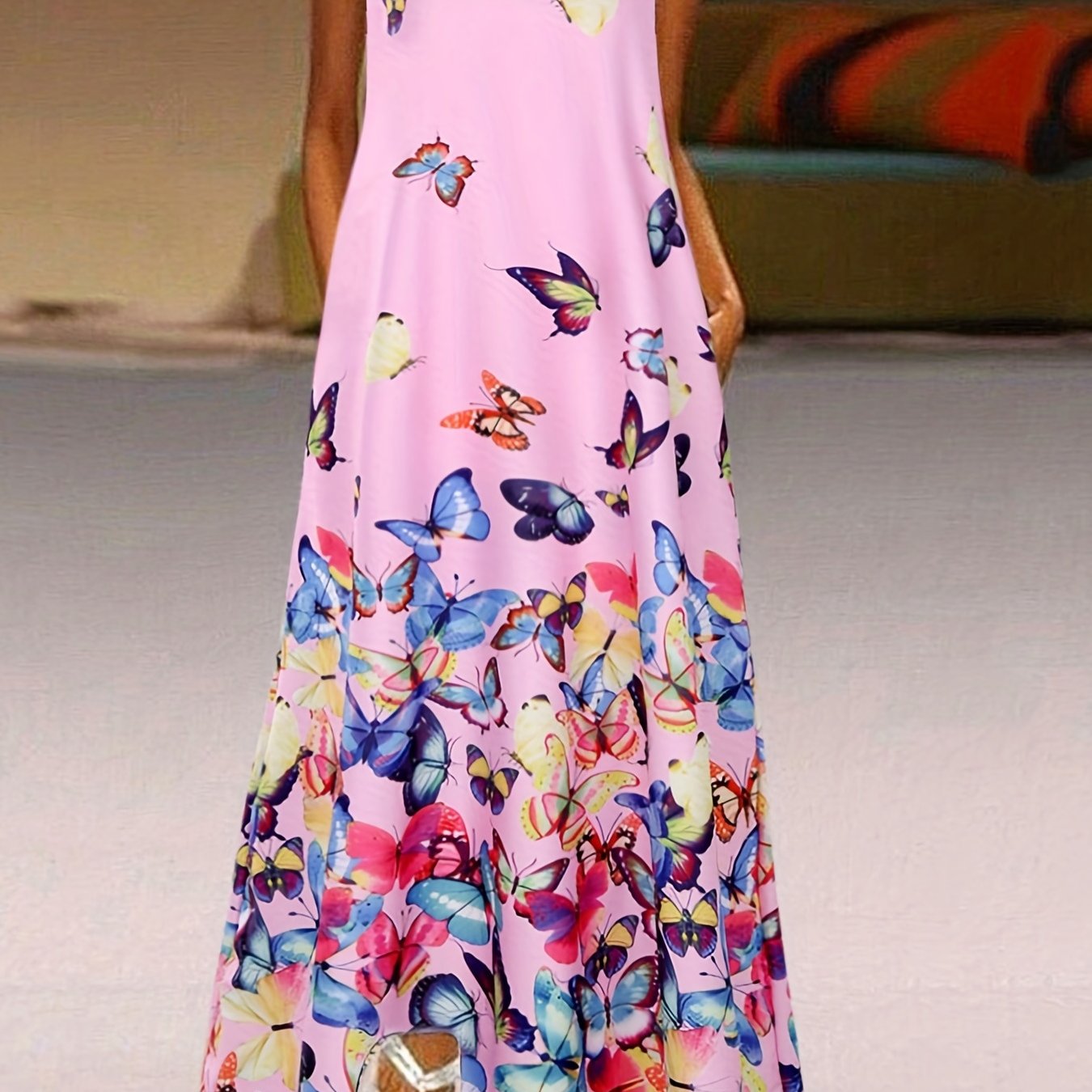 Butterfly Print V Neck Dress Casual Sleeveless Dress For Spring Summer 