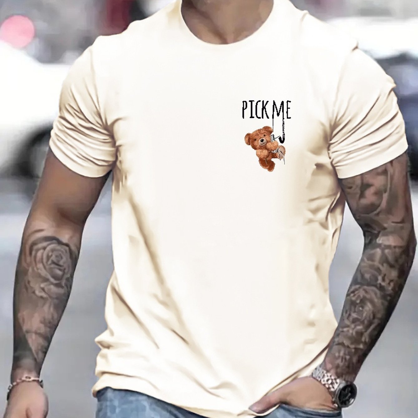 Pick Me Print Toy Bear Pattern T-shirt, Men's Casual Street Style