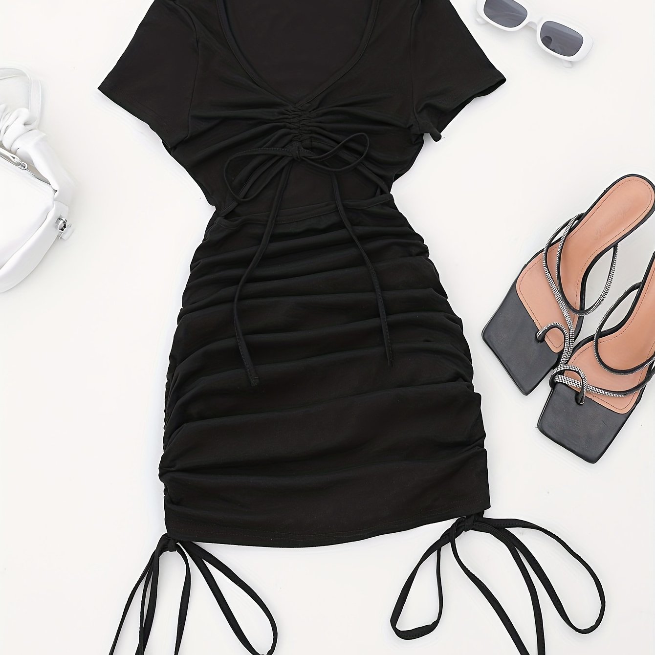 Image of Kpop Drawstring Cut Out Bodycon Dress, Sexy Short Sleeve Ruched Dress For Summer, Women's Clothing