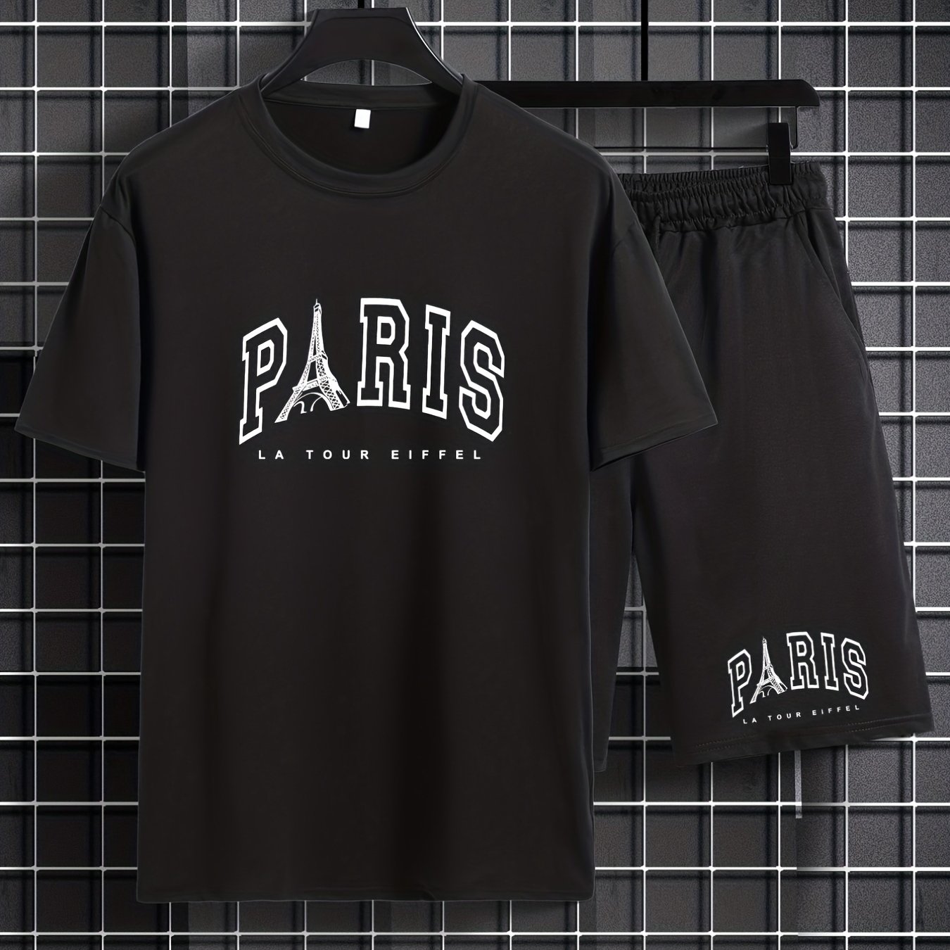 TEMU Herren 2-teiliges PARIS Turm Grafik Kurzarm T-Shirt und Track Shorts Set Urlaub Lounge Strand Sport Freizeitanzug