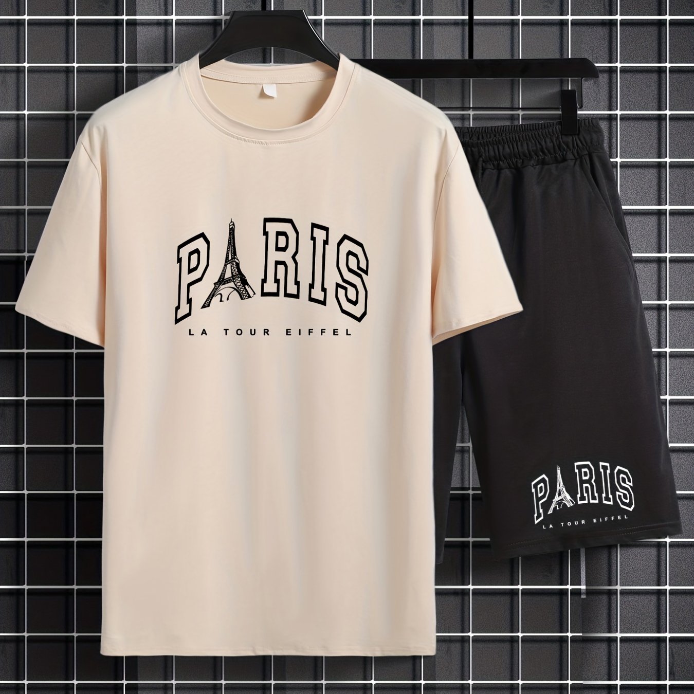 TEMU Ensemble de T-shirt À Manches Courtes PARIS Tower Pour Hommes Et de Shorts de En Pièces Pour Les Vacances, de Plage Et Les Loisirs Sportifs
