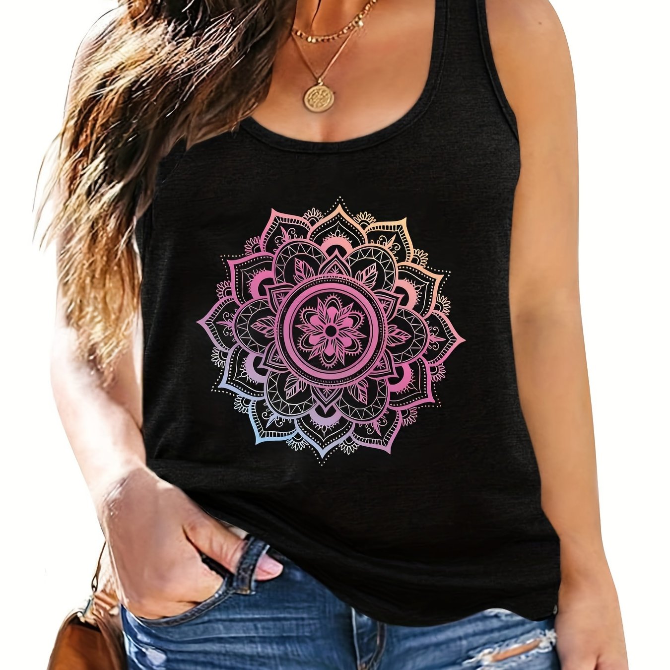 TEMU Plus Size Casual Tank Top, Women's Plus Floral Neck Medium Stretch Tank Top