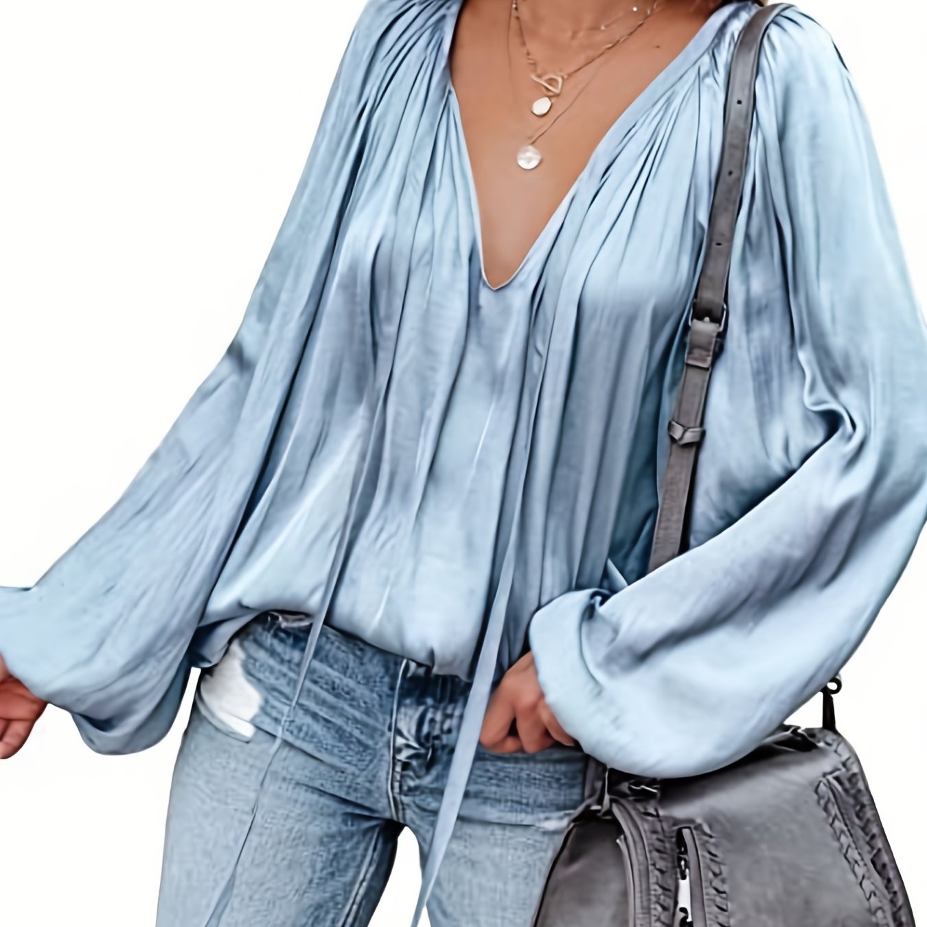 Women&#39;s Satin Blouse Long Sleeve V-Neck Semi-Sheer Top - Rich Red Solid Color, Machine Washable Lightweight Shirt for Spring Summer Fall, Resort Style Casual Chic Versatile for Day to Night Wear