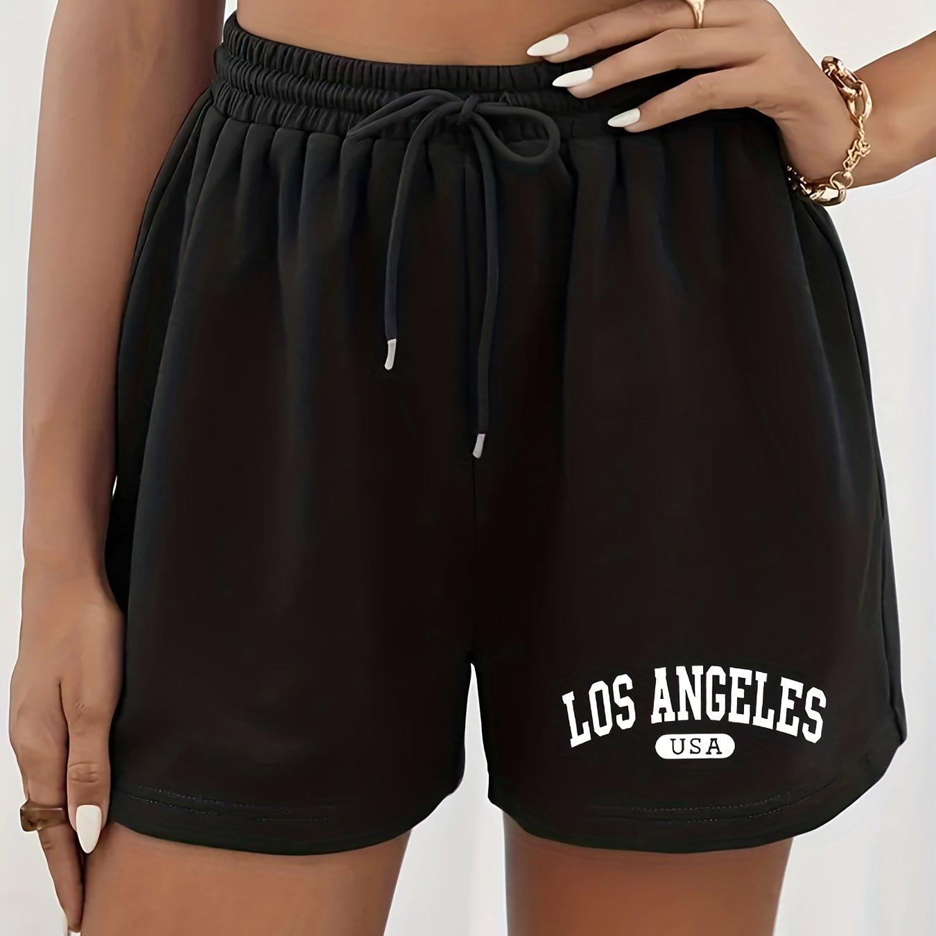 Image of Women's Casual Drawstring Shorts With "los Angeles Usa" Print - Black, Lightweight, , Casual Wear||adjustable Waistband