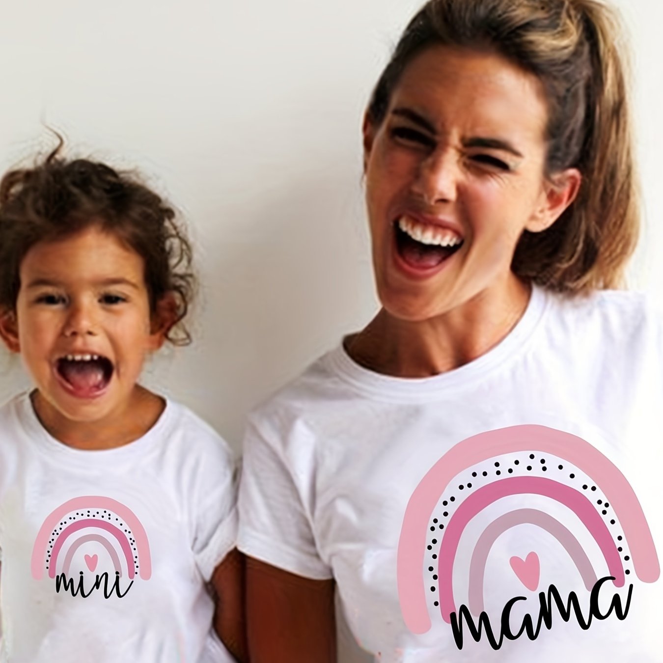 Image of Parent And 1pc Fashion Mom And Mini Rainbow Print Family Matching T-shirt Short Sleeve Family Look T-shirts Mother And Daughter Clothes