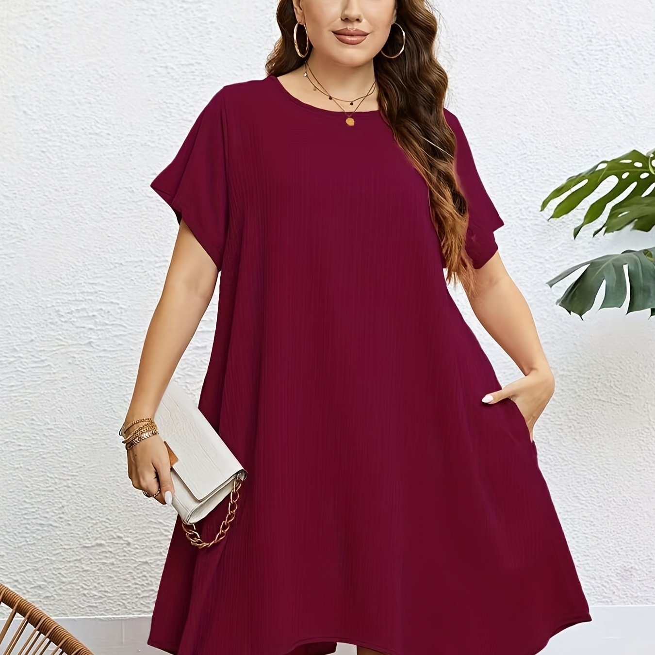 Plus Size Casual Dress Women s Plus Solid Ribbed Short Sleeve Round 