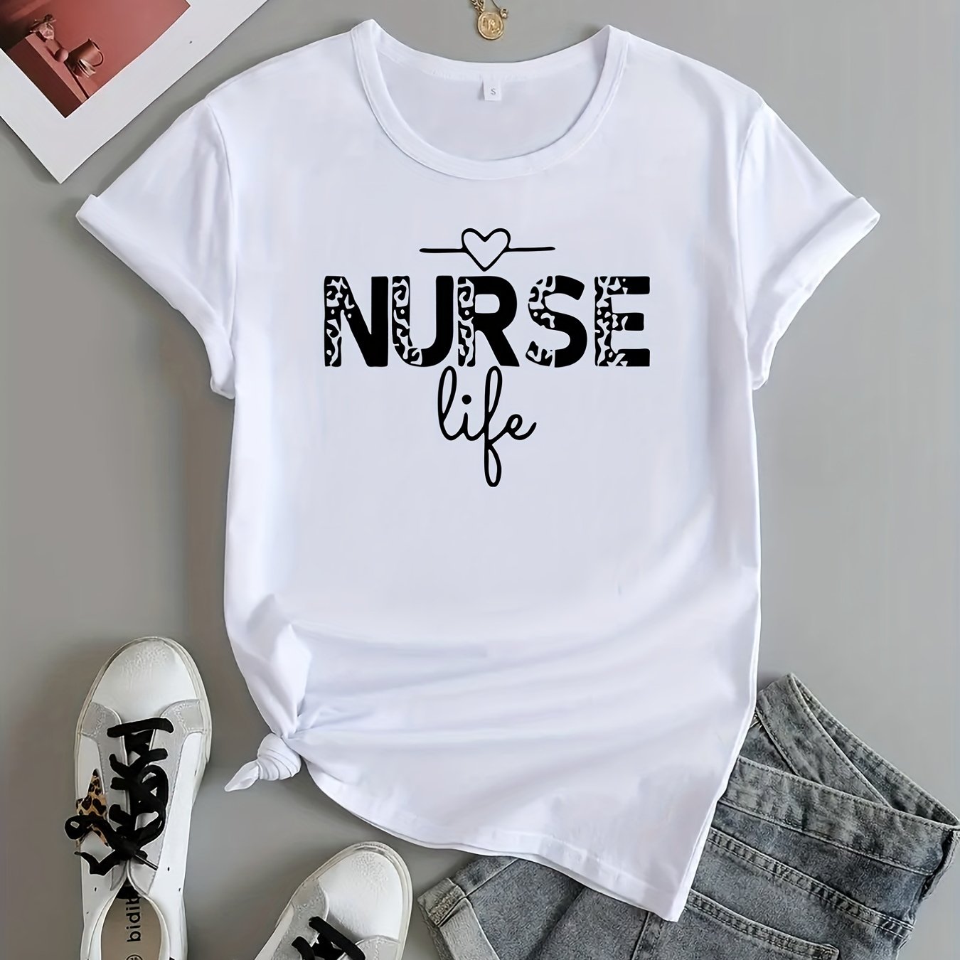 Nurse Life Print T Shirt Summer Short Sleeve Crew Neck Casual Top Women s Clothing