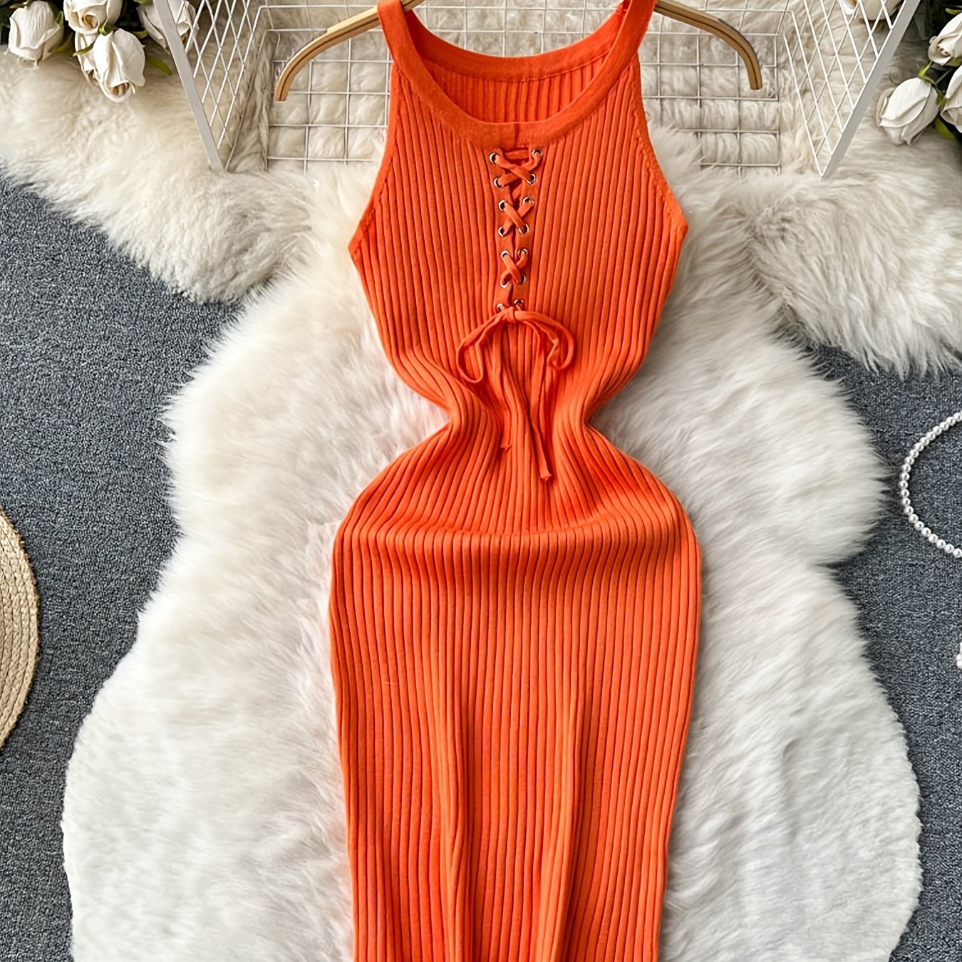 European And American Slim-fit Simple Drawstring Halter Wrap Dress