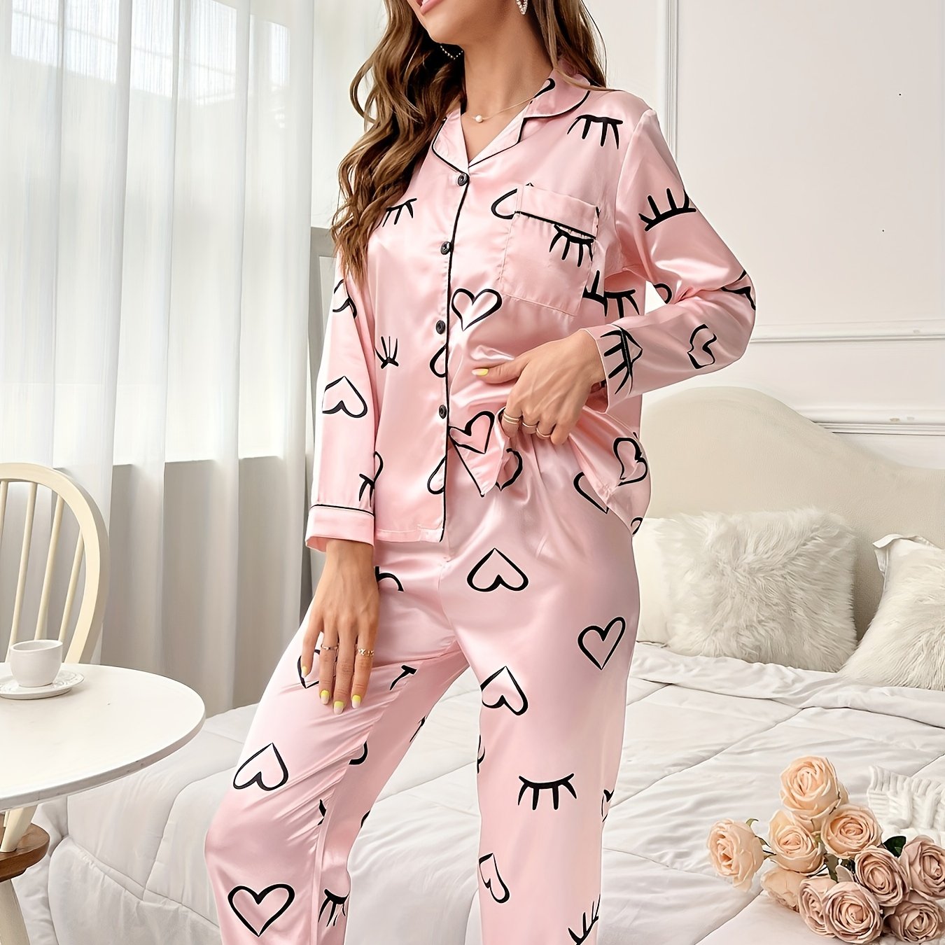 Plaid Satin Pajama Set, Long Sleeve Buttons Top & Elastic Waistband Pants,  Women's Sleepwear & Loungewear - Temu Bahrain