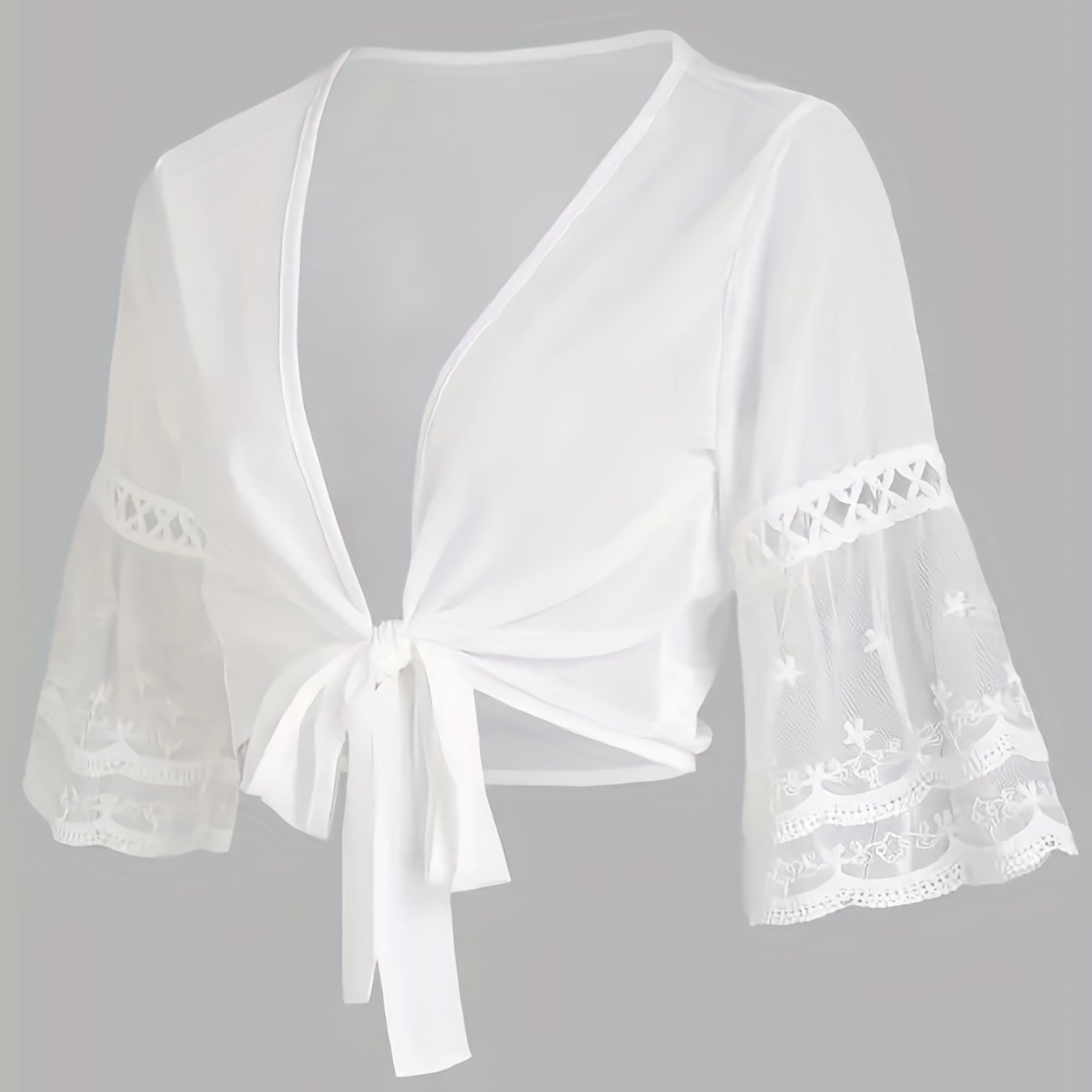 E-shop 2026 Neues Sommerfeines Kurzes Bolero Top Häkel-Spitze Mesh Schlagärmel Front-Offene Schleife Bluse