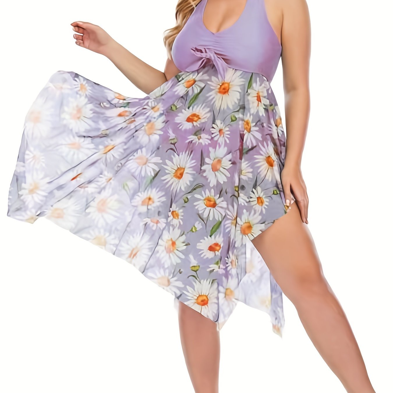 Plus Size Floral Print Irregular Hem Dress Panty Swimsuit - Temu