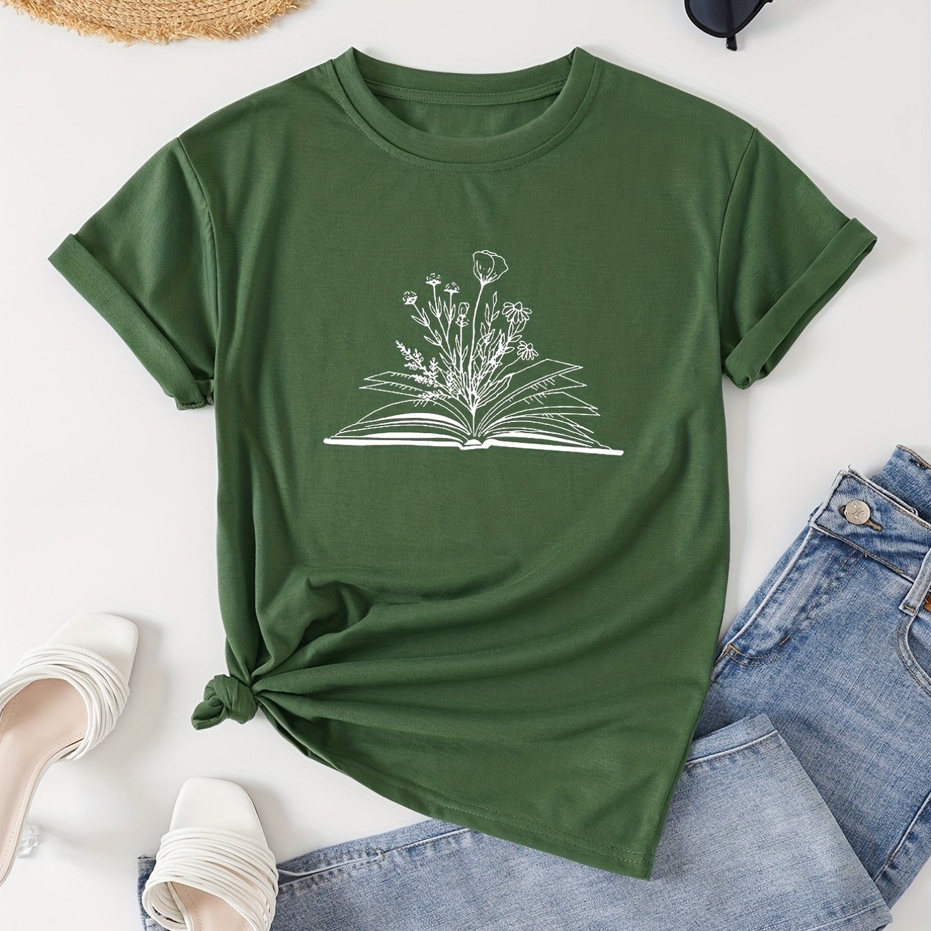 TEMU Book & Floral Print Crew Neck T-shirt, Casual Short Sleeve T-shirt For Spring & Summer, Women's Clothing