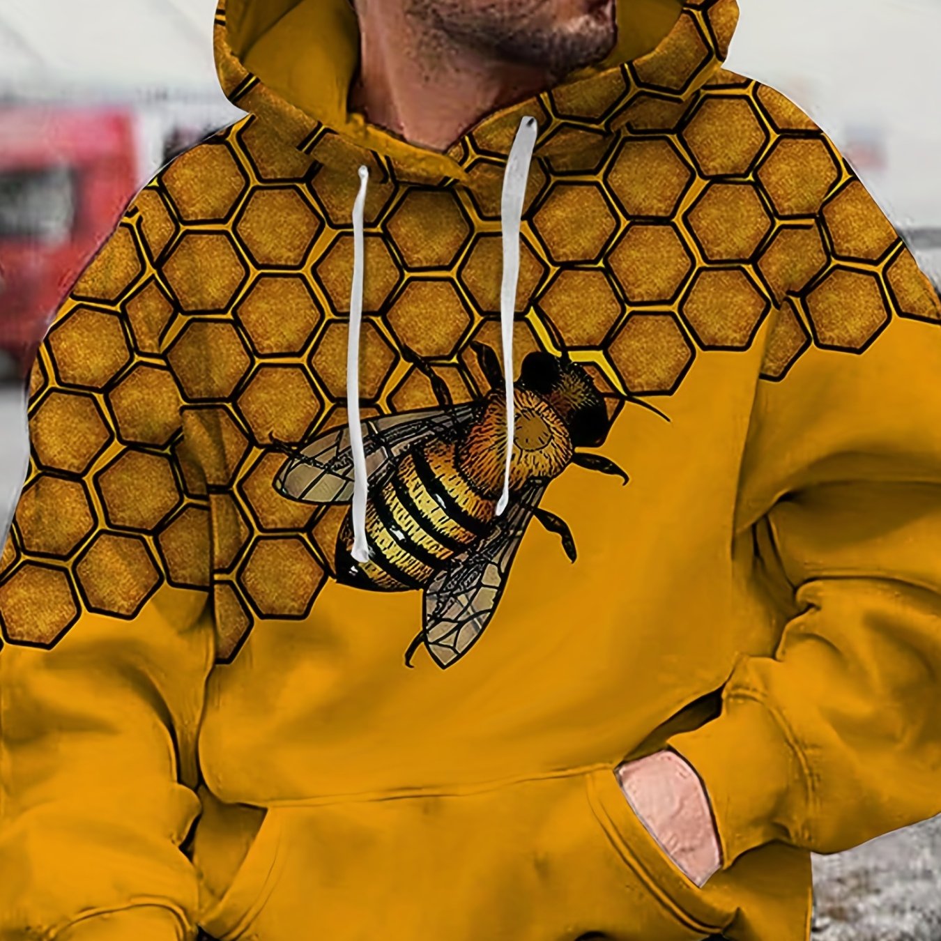 Plus Size Mens Hoodie, Creative Bee Graphic 3D Print Hooded Pullover,  Casual Unisex Long Sleeve Drawstring Sweatshirt, Men's Clothing