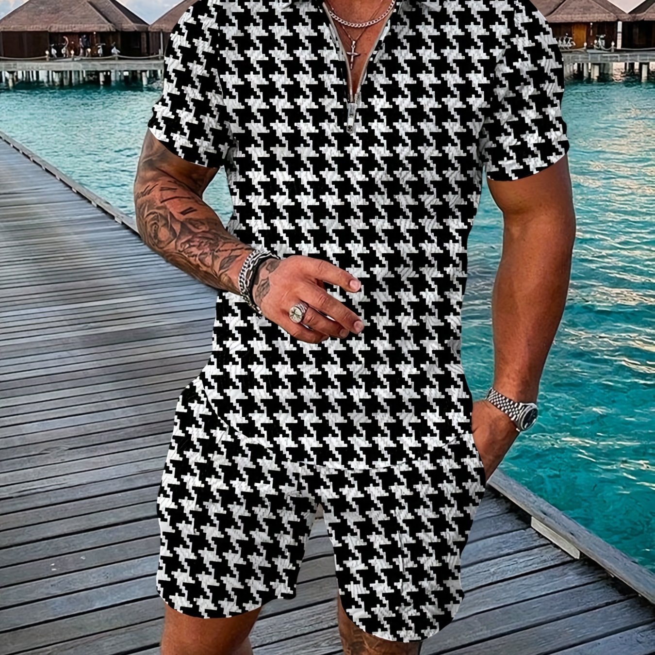 TEMU Plus Size Men's Casual Shirt Set, Plus Size