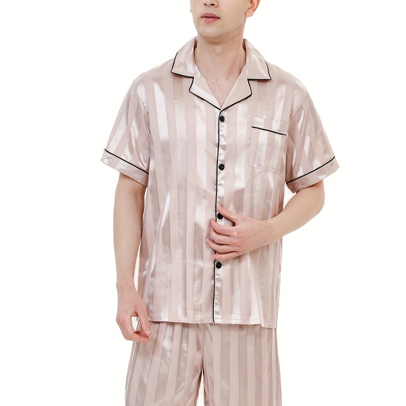 Men's Ice Silk Pajamas Set Summer Casual Striped Short - Temu