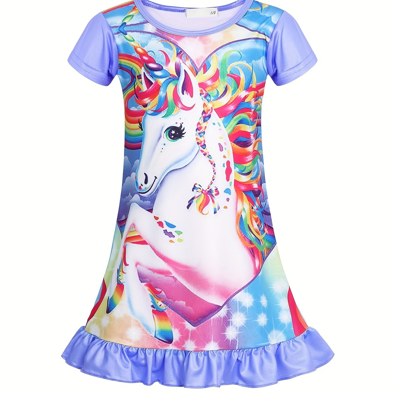 girls unicorn print nightdress kids short sleeve ruffle hem nightgowns sleepwear pajama dresses kids summer clothes rose red