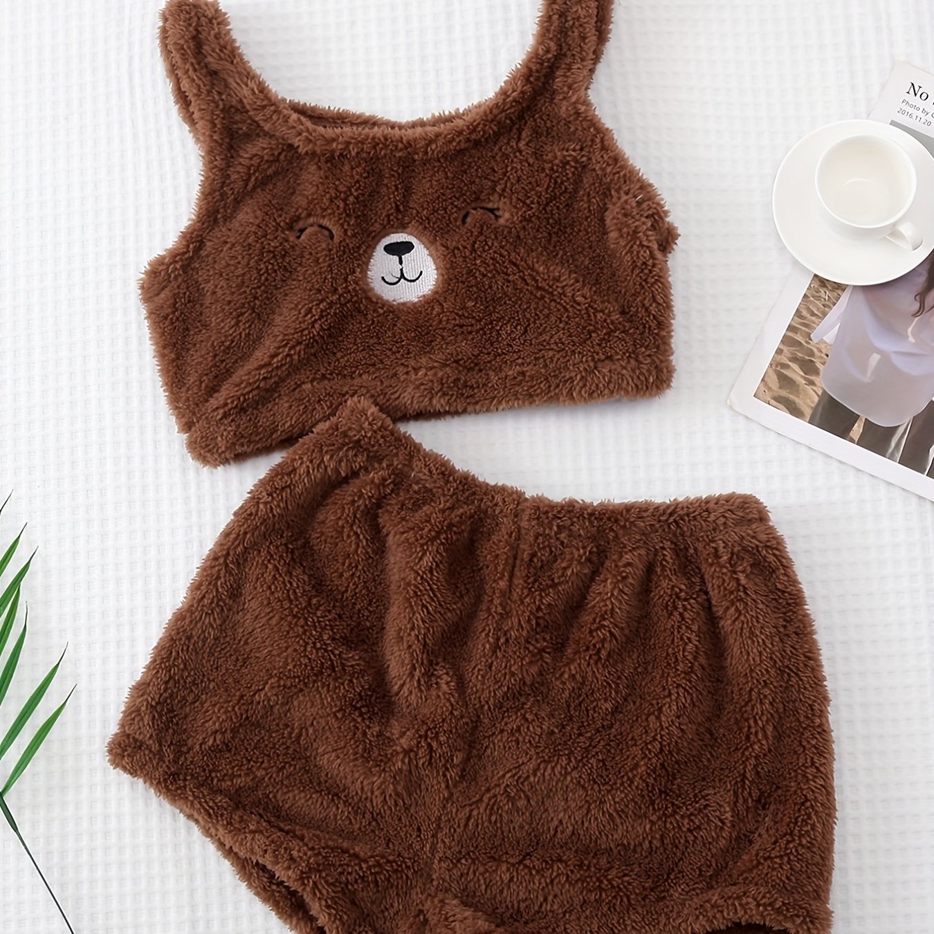 TEMU Cozy & Cute Bear-themed Women's Plush Pajama Set - Soft Polyester Tank Top & Shorts, Machine Washable, Winter Sleepwear, Plus Size Pajama Set