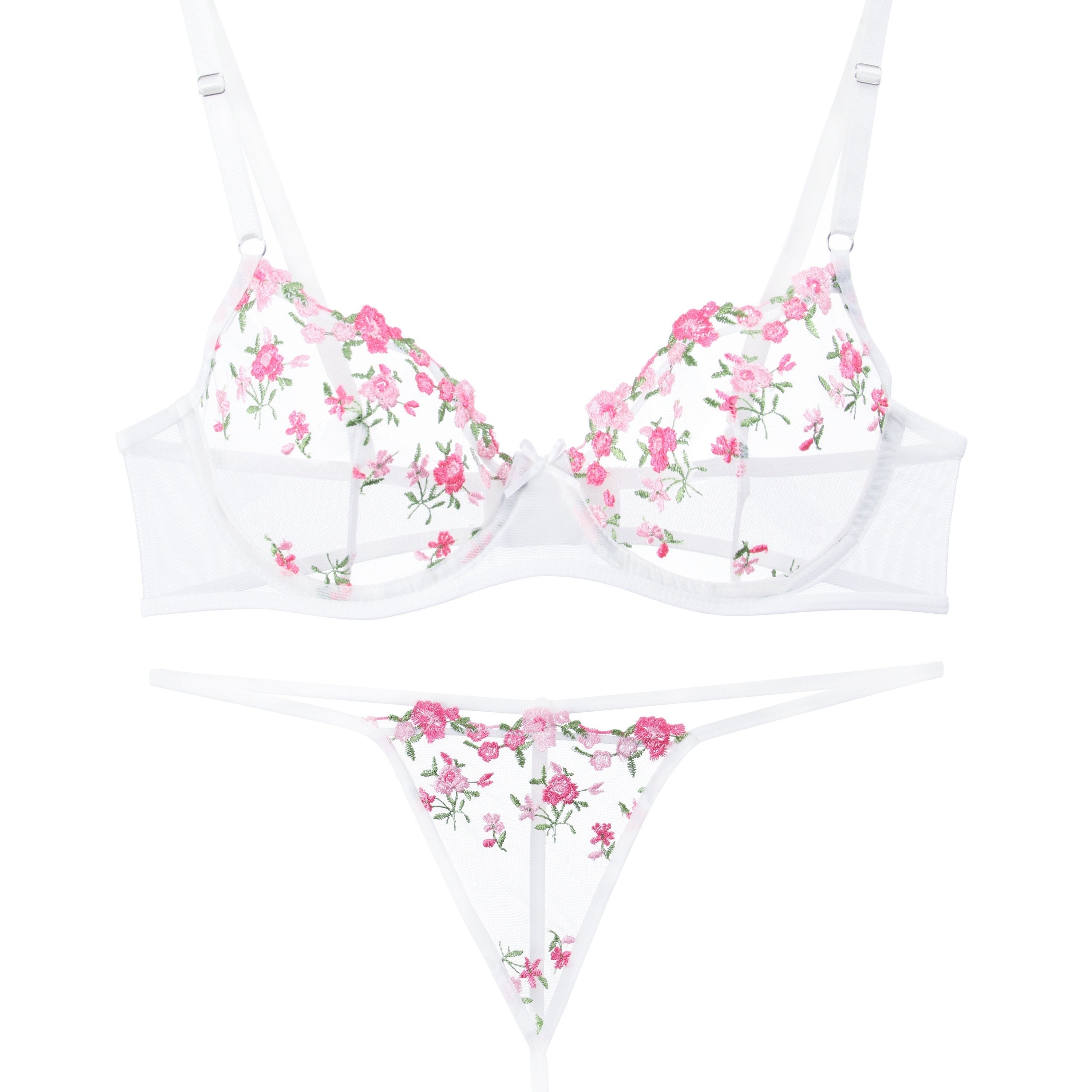 Romantic Floral Embroidery Lingerie Set Push Bra Thong - Temu Spain