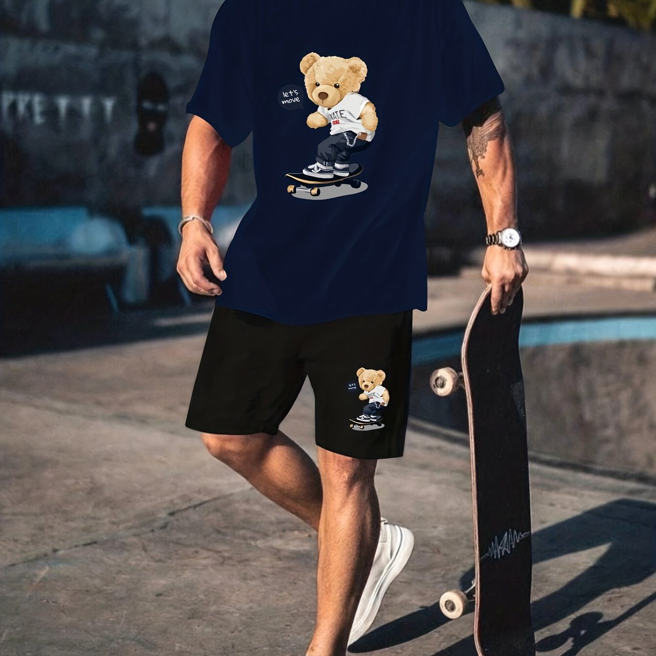 Teddy Bear Skateboard Print Men's Outfits Casual Crew Neck - Temu