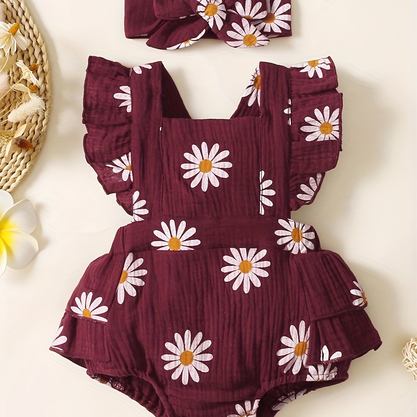 2pcs-baby-girls-cute-daisy-graphic-print-ruffle-trim-onesie-headband