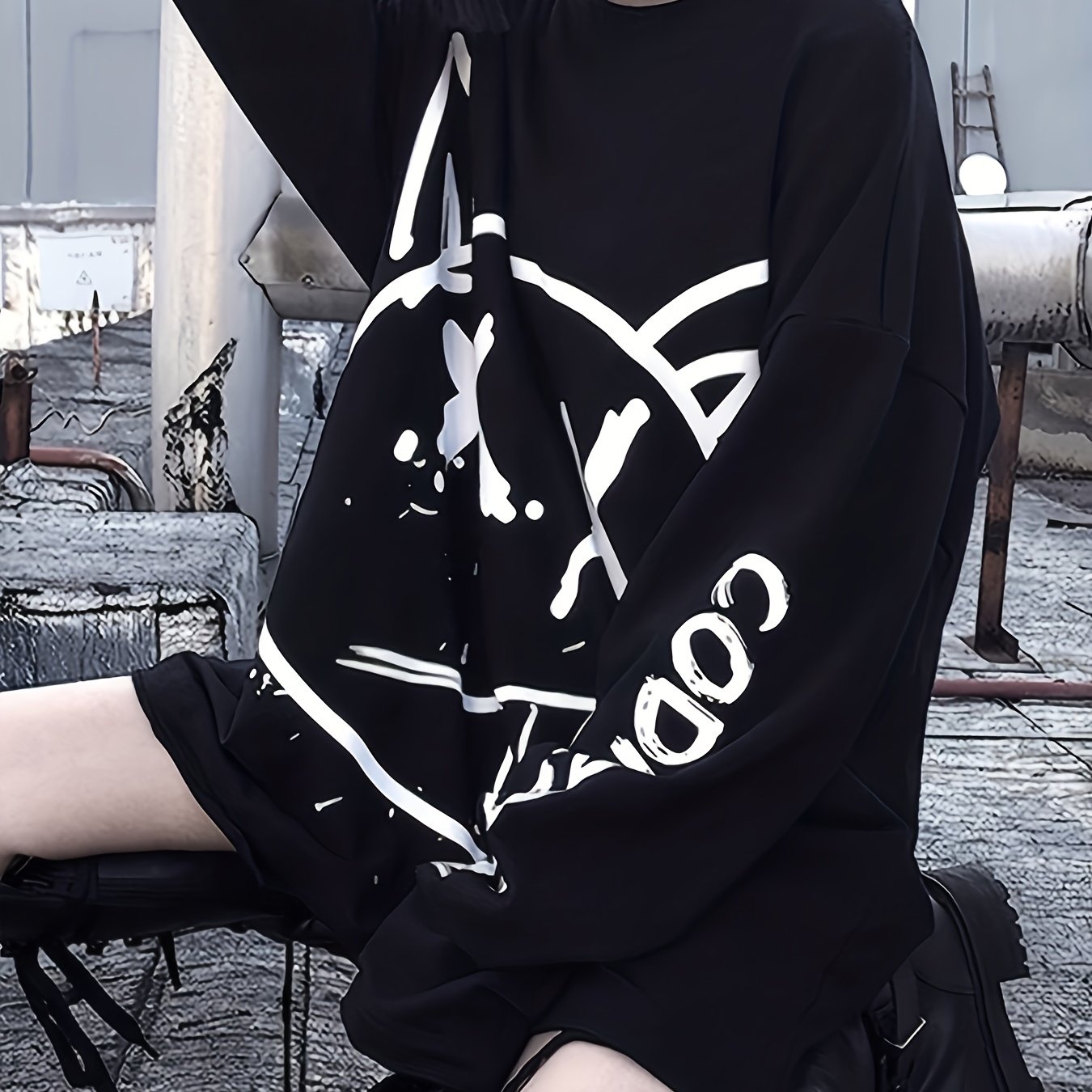 Image of Spring/autumn Street Graffiti Couple's Dark Style Loose Fit Ulzzan Hip-hop Fashion Long Sleeve Chinese National -shirt Top