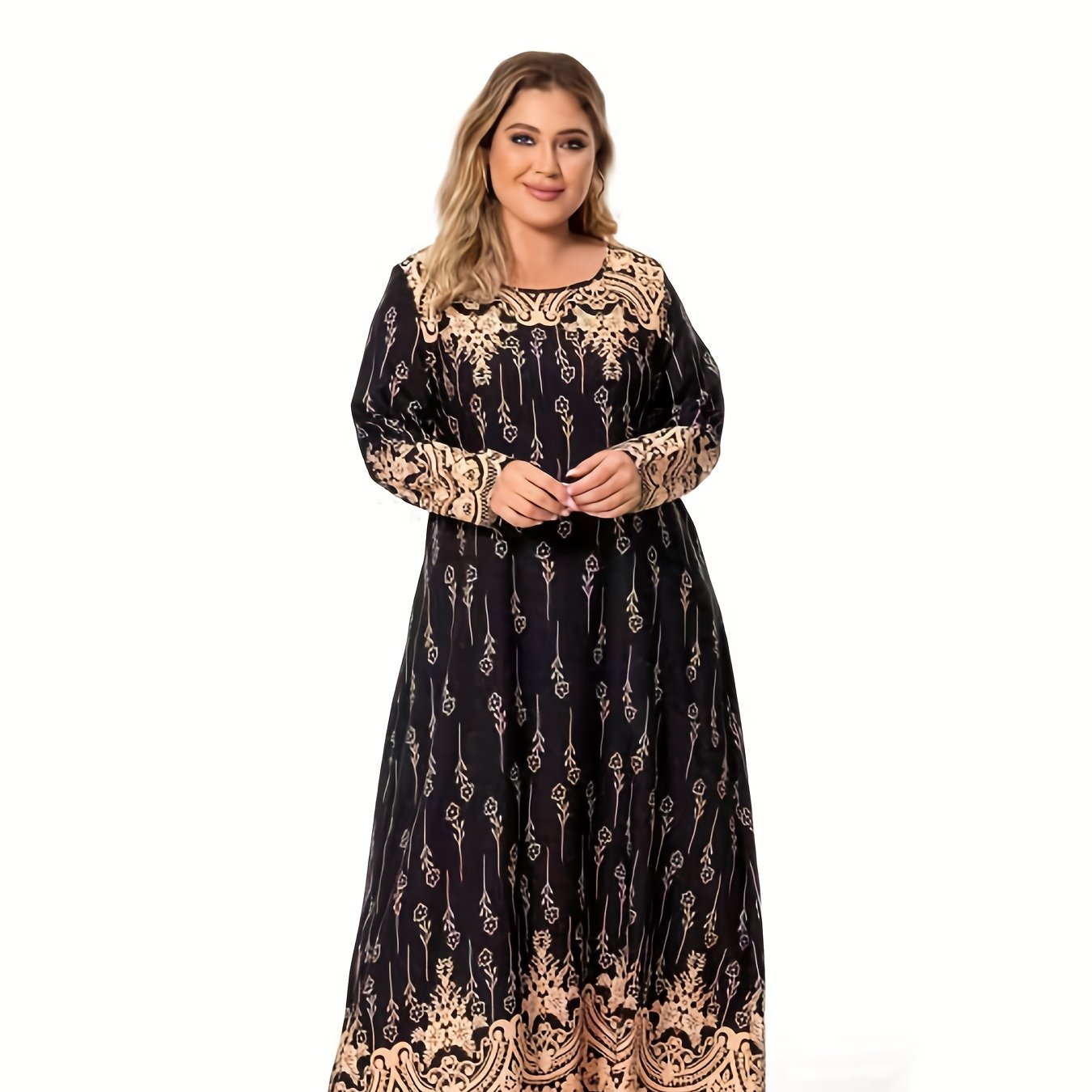 Plus Size Casual Dress, Women's Plus Floral Print Long Sleeve Round Neck Maxi Dress For Ramadan