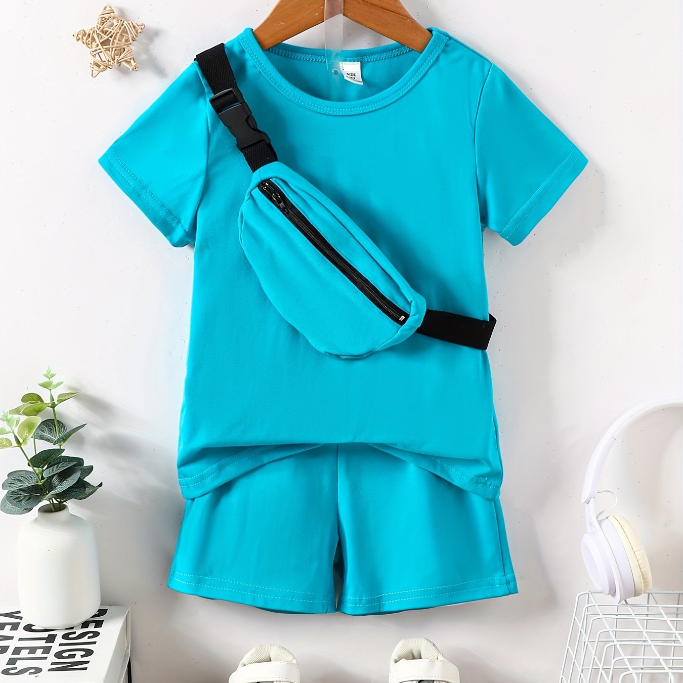 Boys Crossbody Bag Print Casual Outfit Round Neck T-shirt & Shorts