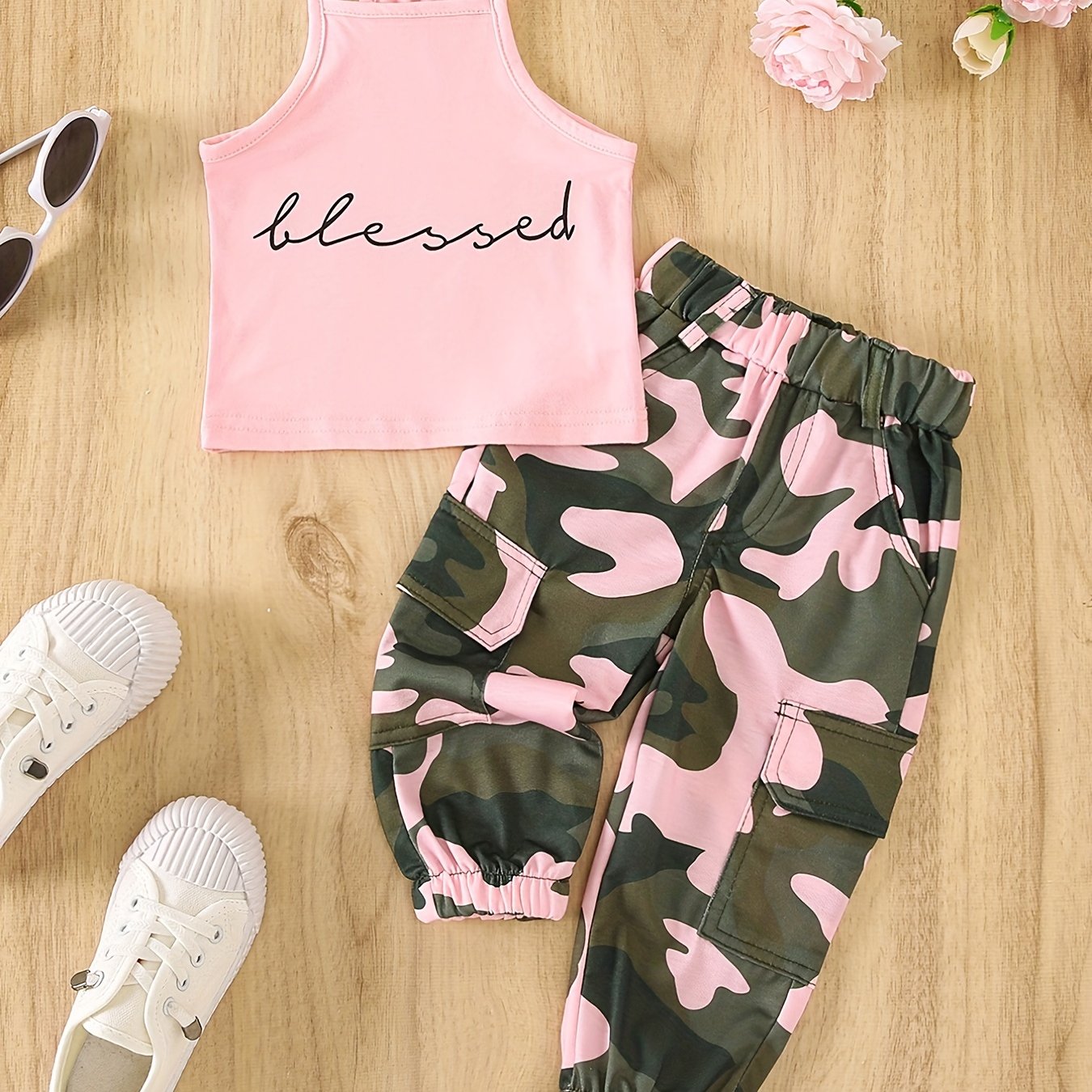 Image of Girls' Casual Sleeveless Alphabet Tank Top And Camouflage Pants Set, Knit Fabric With Stretch, Regular Fit, Spring/summer Fashion Outfit With Pockets, Wholesale, For Outdoor